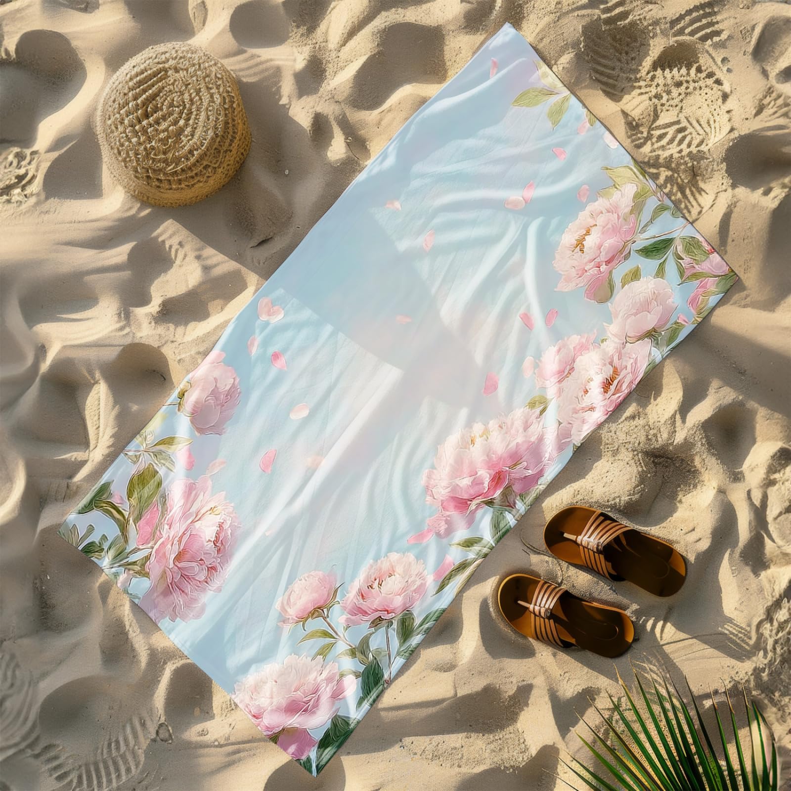 Générique Serviette de Plage XXL Fleurs Roses Bleues | Grande Taille Serviette de Plage et Douche Avec Elastique Microfibre Absorbante et Légère Sport Séchage Rapide