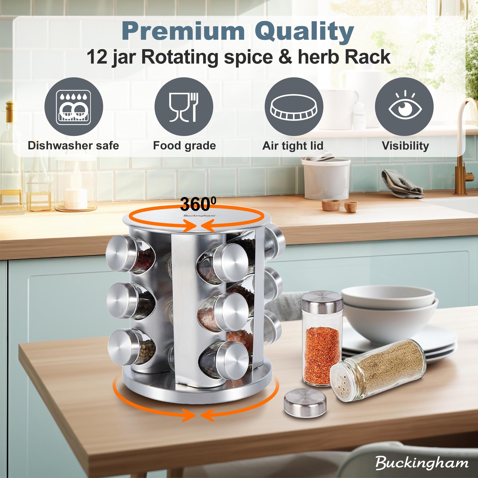 Buckingham 30920 - Estante giratorio de acero inoxidable con cristal, organizador de carrusel para especias y hierbas de cocina (12 tarros)