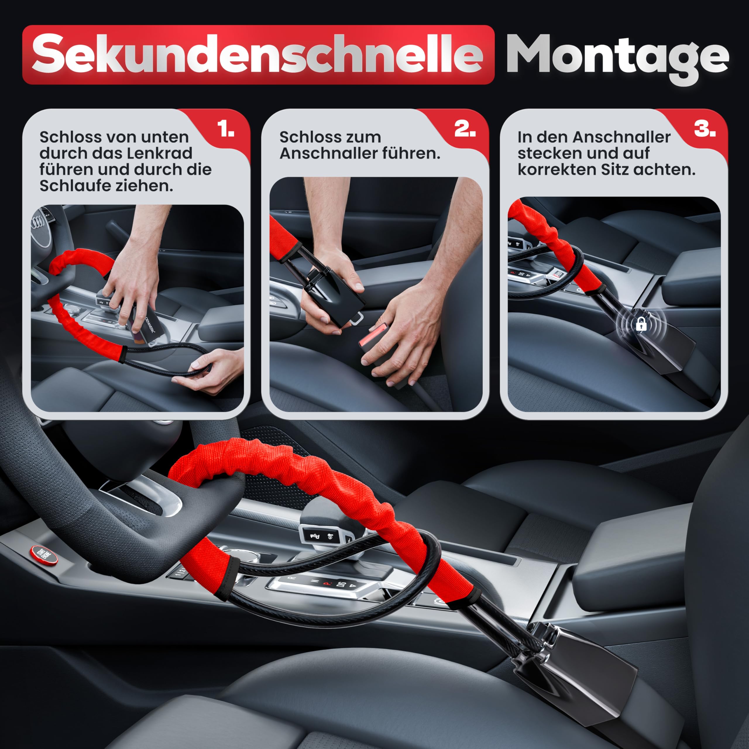 HELDENWERK® Artiglio volante per auto e camper in metallo – Misura universale – Blocco volante con corda d'acciaio spessa – Immobilizzatore antifurto con 3 chiavi di sicurezza (rosso)
