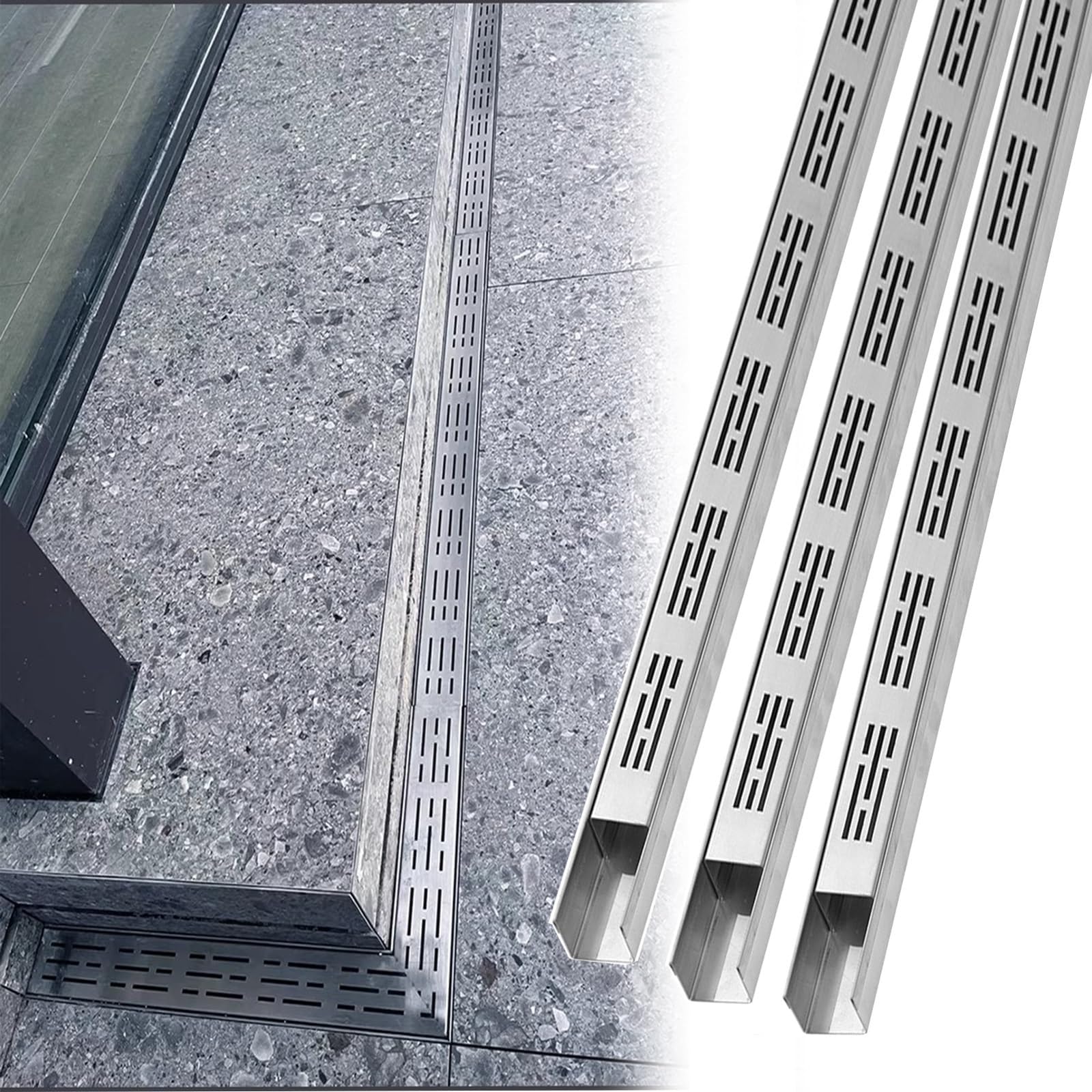 WQPMNYG Slim Stainless Steel Trench Drain Grate Kit - 3 Pack, 3.3ft Long Narrow Drainage Solution for Yard, Balcony, Patio & Driveway - 7x5cm (2-4/5x2) Grates Included