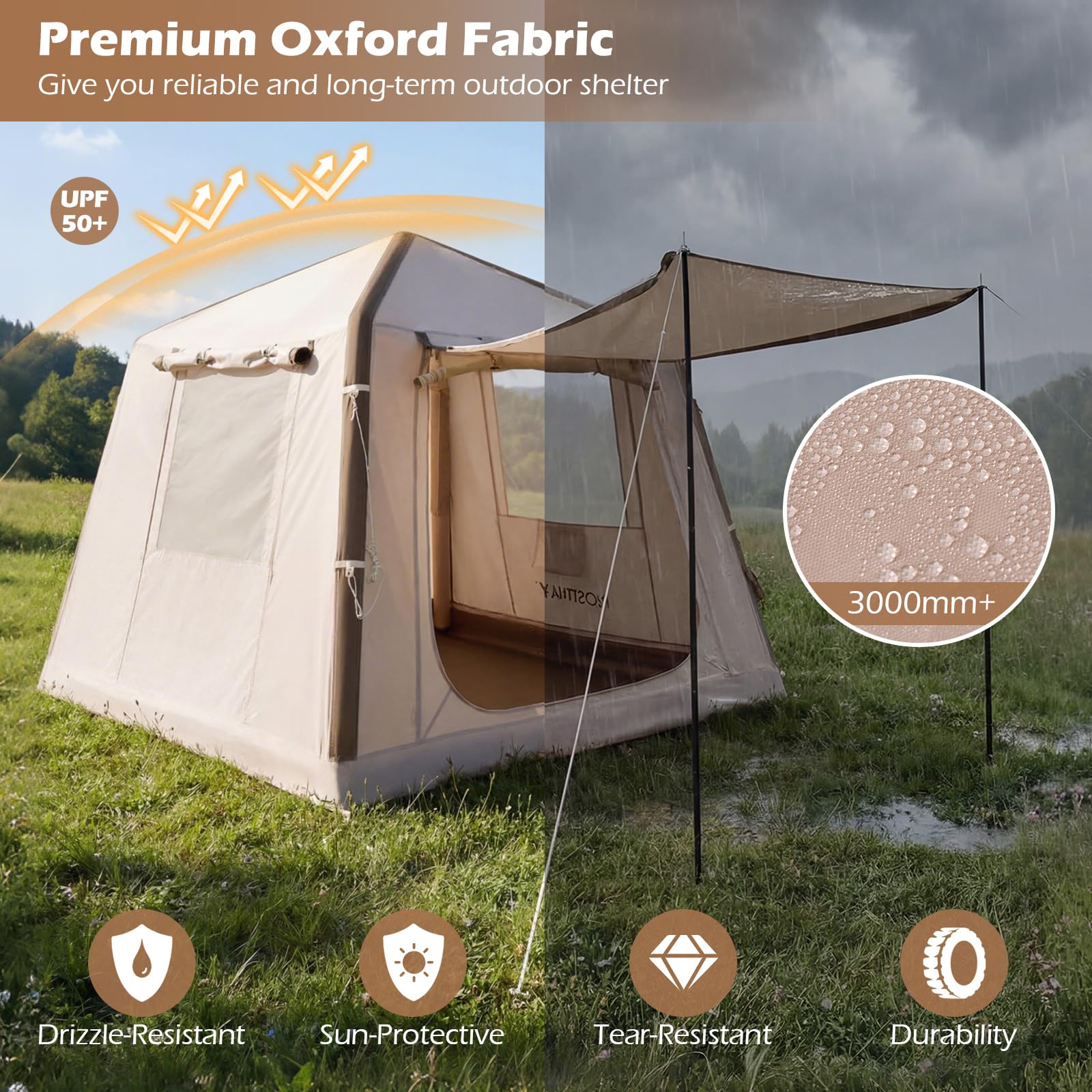 FANTASK Aufblasbares Zelt, 210 x 210 x 180 cm, Outdoor Campingzelt mit Moskitonetzfenstern, Wurfzelt mit Pumpe & Tragetasche, Familienzelt mit Erdankern & Spannleinen für 2-4 Personen