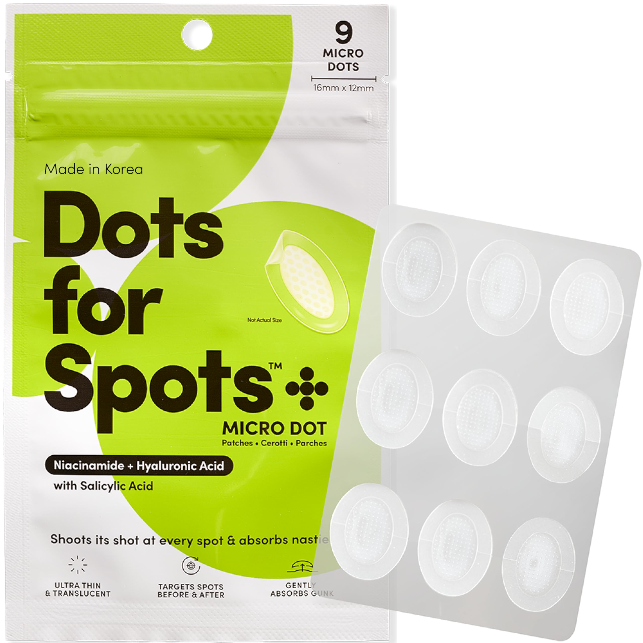 Dots for Spots Oval Pimple Patch with Micro Darts - Pack of 9 Translucent Acne Spot Treatment Stickers Infused With Niacinamide & Salicylic Acid - Fast-Acting, Vegan & Cruelty Free Skin Care