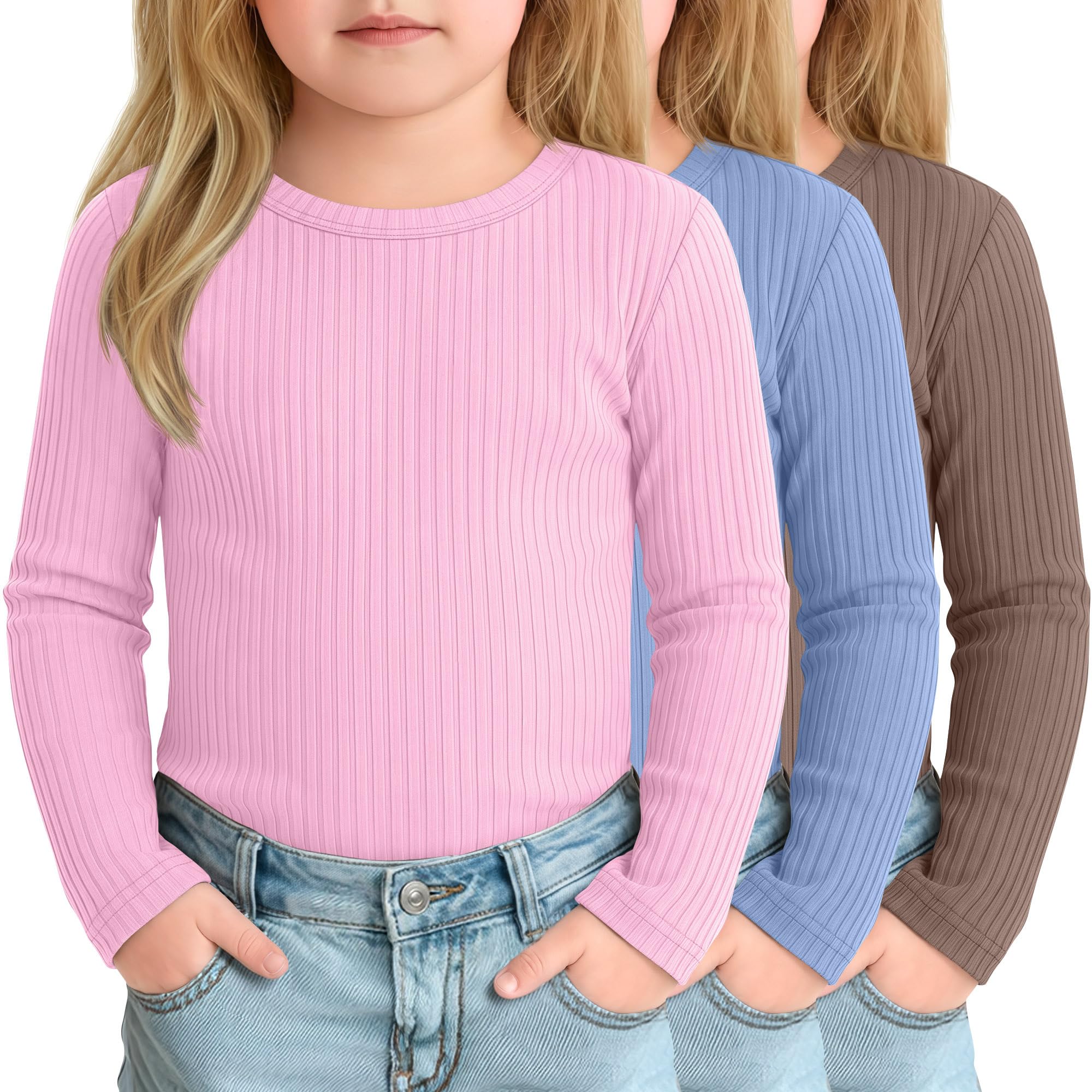 3 Pack Toddler Girl Shirts Long Sleeve Ribbed Tops