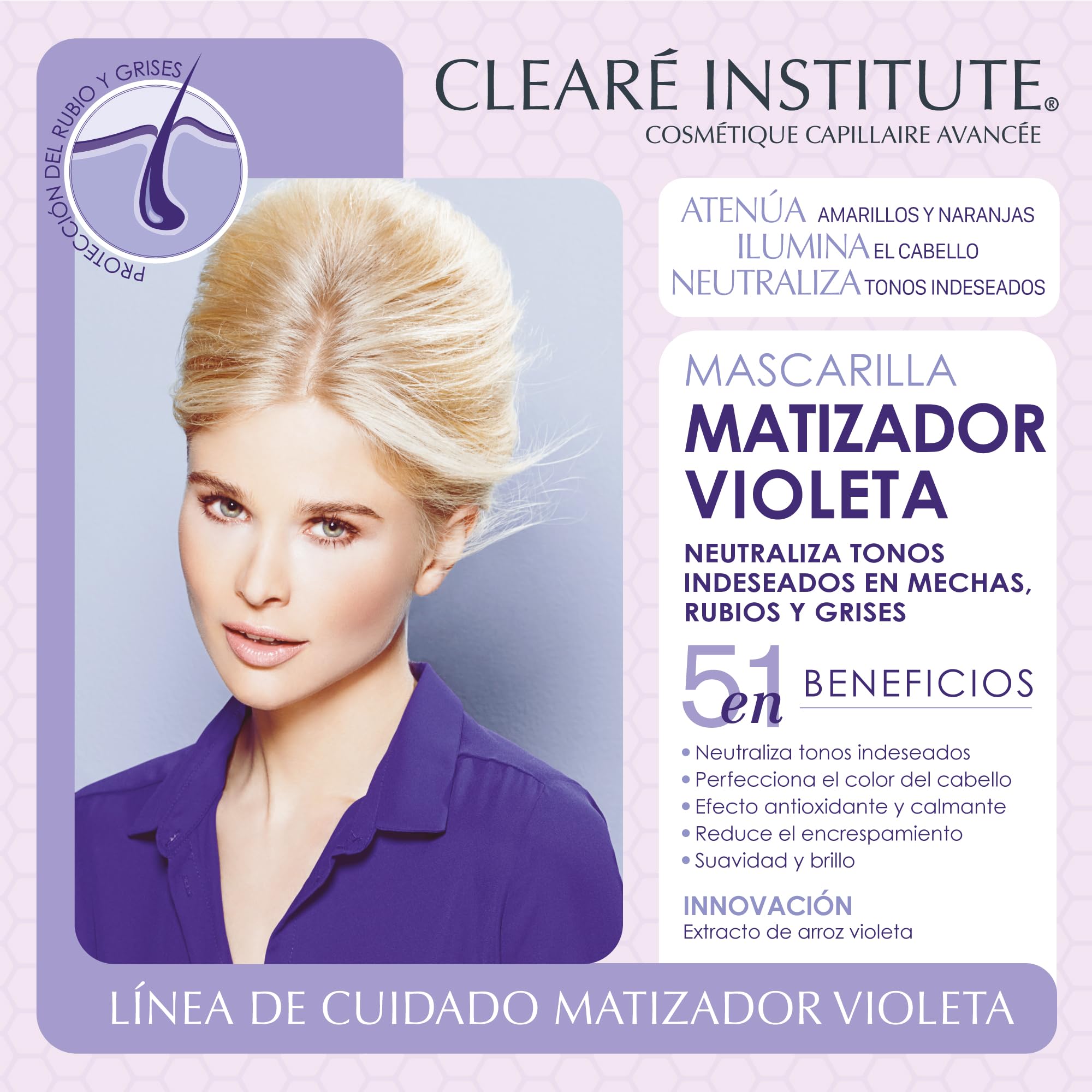 Clearé Institute Mascarilla Matizadora Violeta, Sin Sulfatos, Parabenos o Siliconas, Anti Frizz, Matizante Pelo Blanco, Gris, Canas, Rubio Teñido y Mechas, 96.6% Ingredientes Naturales, 200 ml