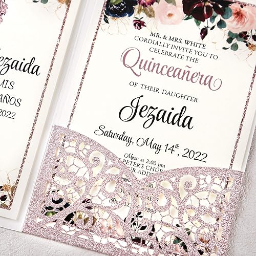 Miniatura 5 de DORIS HOME Kit de invitaciones de quinceañera de oro rosa con purpurina en blanco de 4.7 x 7 pulgadas, tarjetas de invitación de cumpleaños con