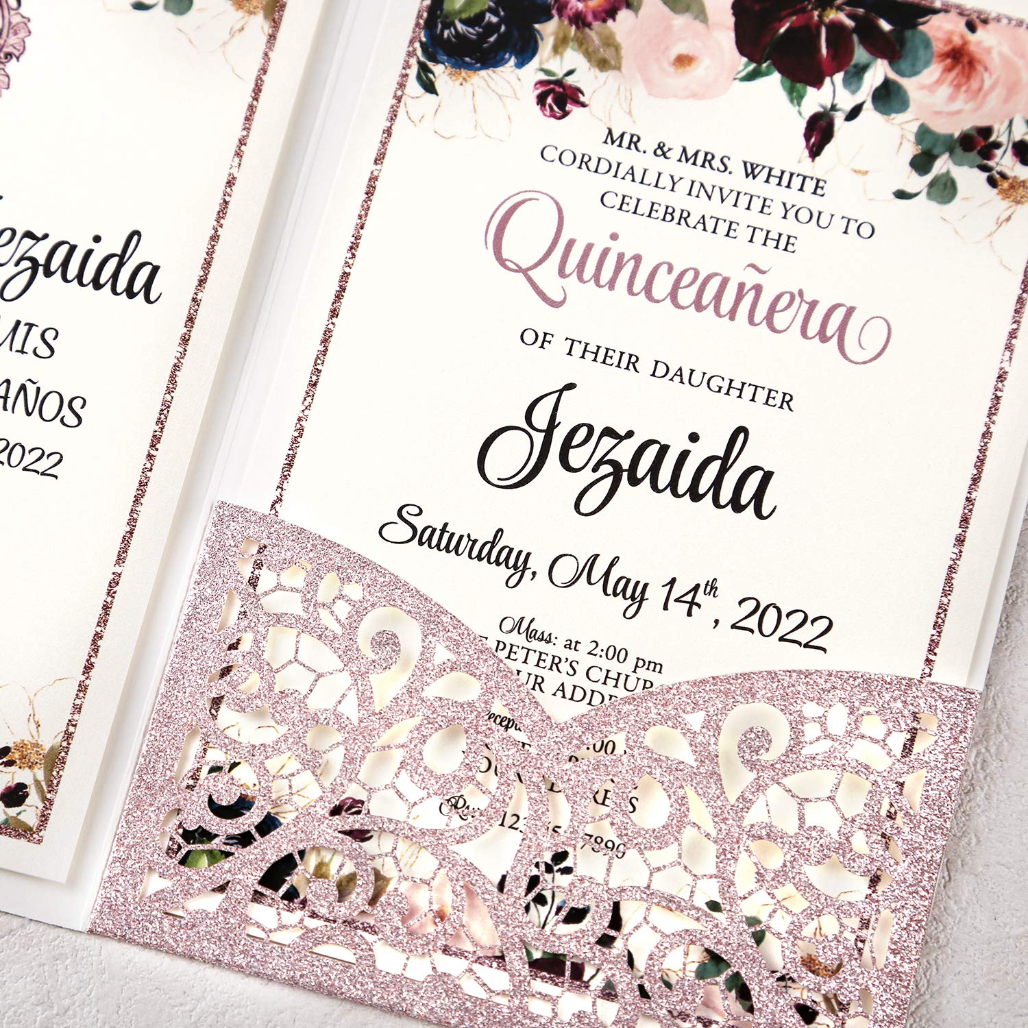 Doris Home 4.7 x7 inch 50PCS Personalized Glitter Rose Gold Quinceanera
