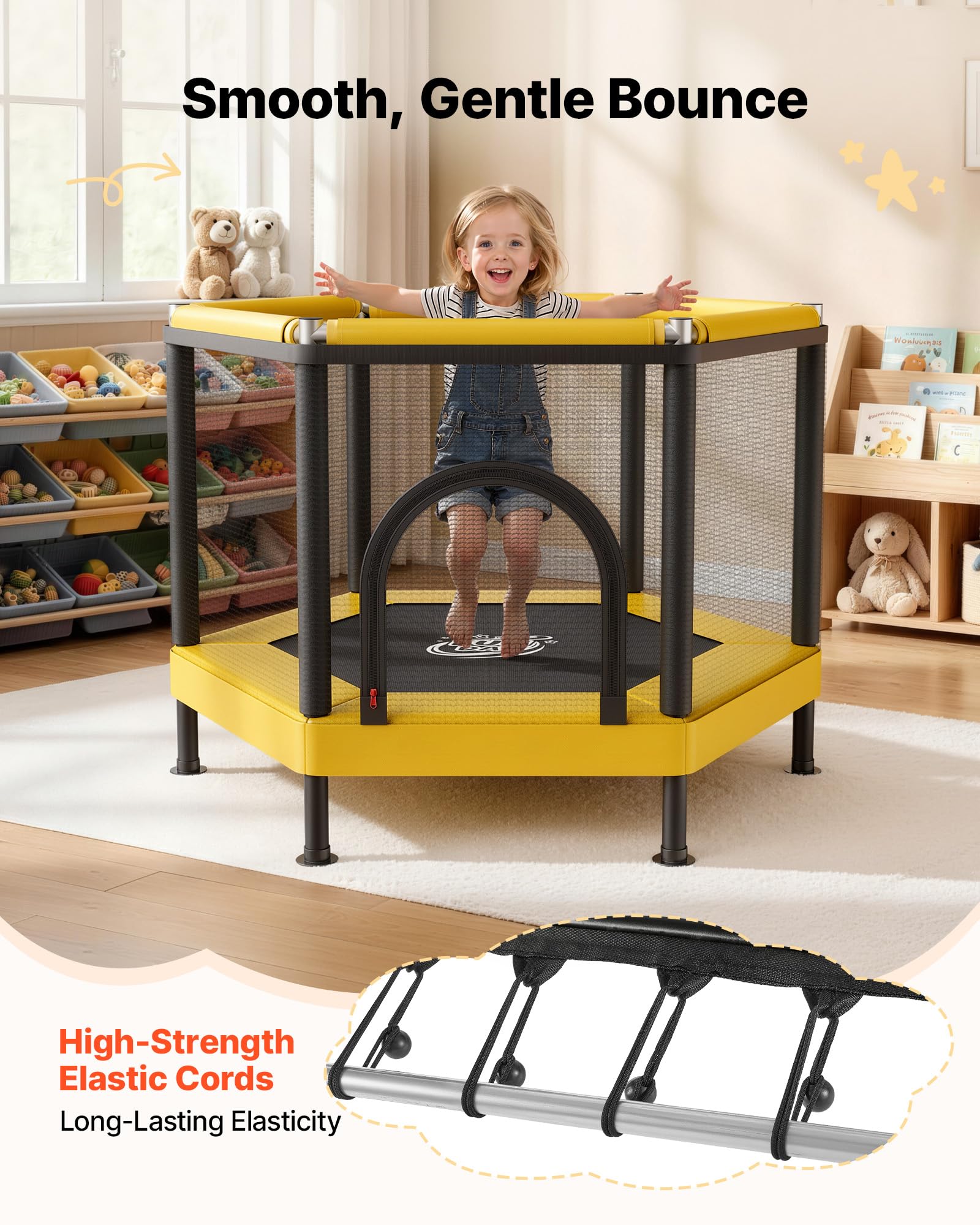 VEVOR Trampolino Elastico da Interno per Bambini Carico Dinamico 60 kg, Mini Trampolino con Rete di Protezione Giocattolo da Interno con Canestro da Basket Forma a Esagonale Tappeto Elastico in PP
