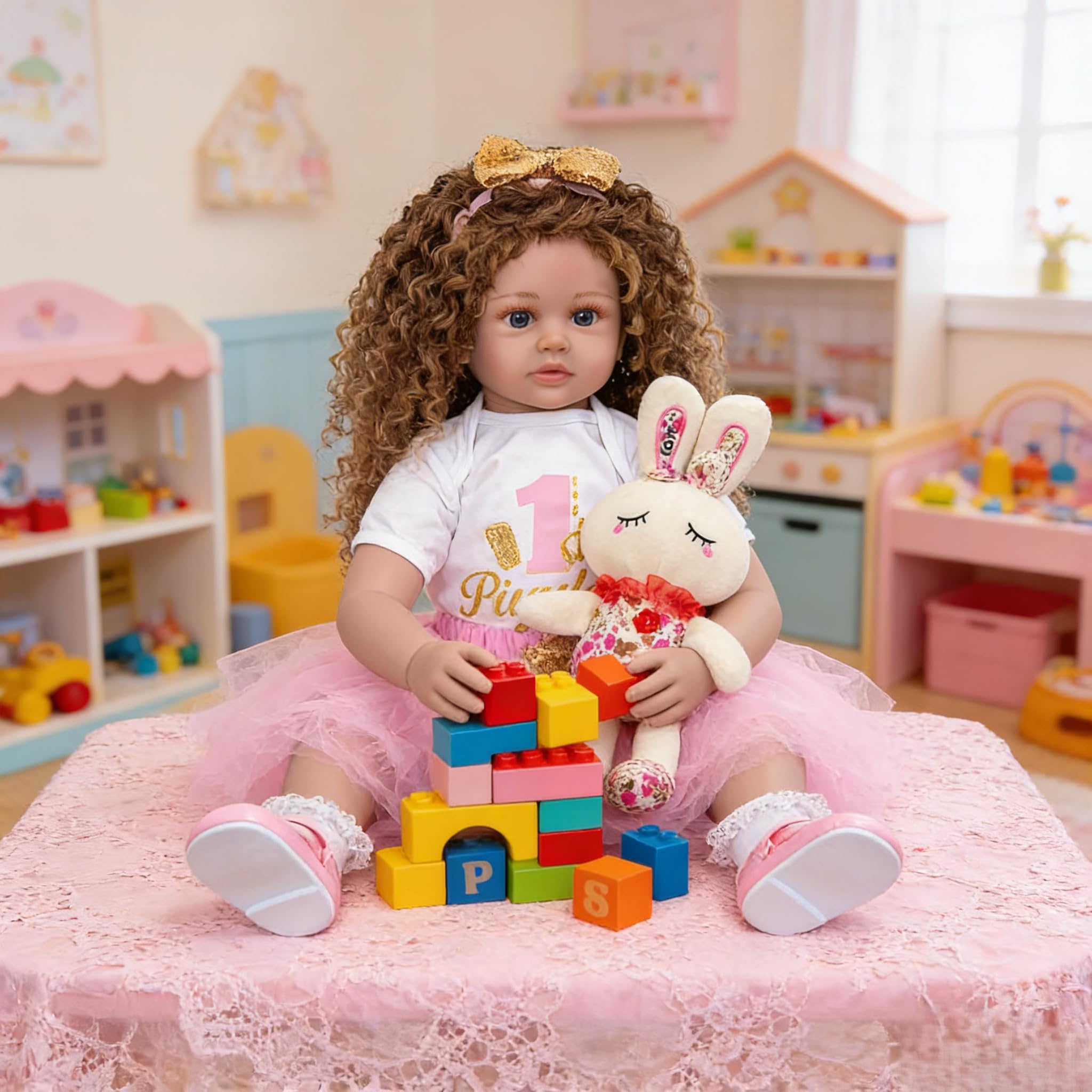 61 cm große echte Babygröße, Reborn-Kleinkind-Mädchenpuppe, verwurzeltes braunes lockiges Haar, weiche Vinyl-Gliedmaßen und Stoffkörper, lebensechte Reborn-Baby-Puppe, die echt lebensecht aussieht