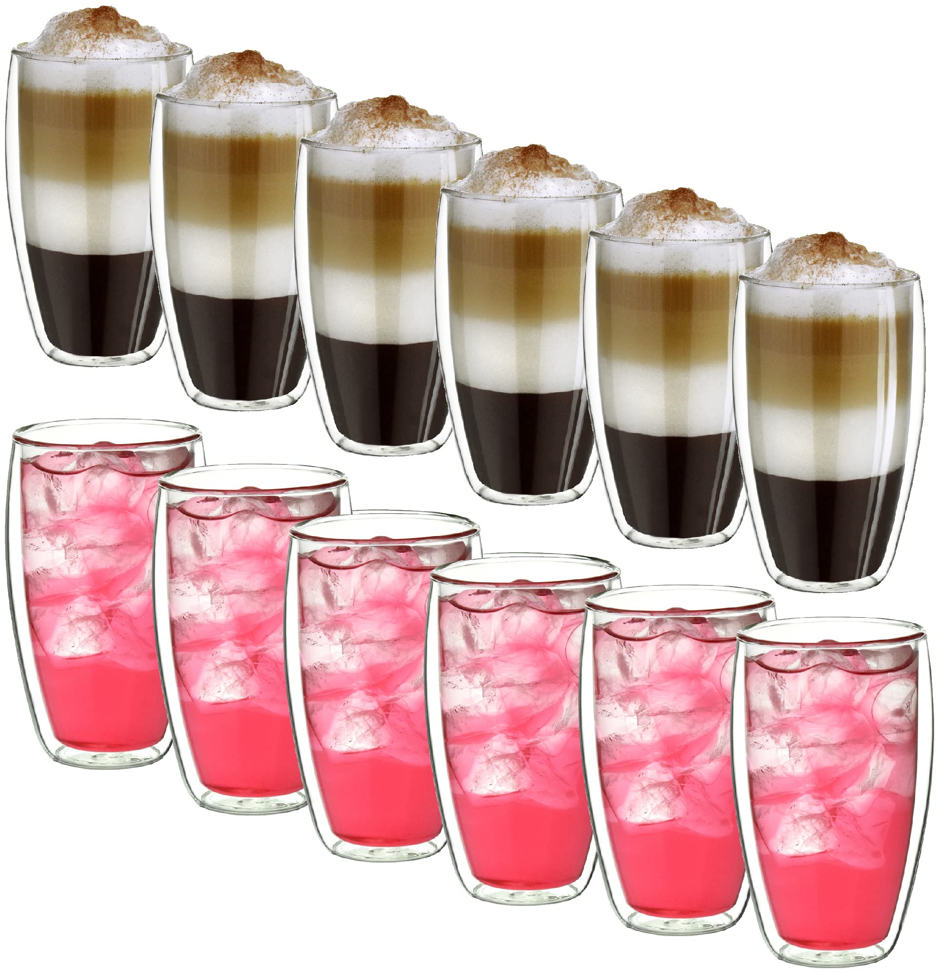 Creano Szklanki termiczne o podwójnych ściankach, 400 ml, zestaw 12 sztuk, duże szklanki ze szkła borokrzemowego, szklanki do kawy, szklanki do herbaty, szklanki do latte macchiato