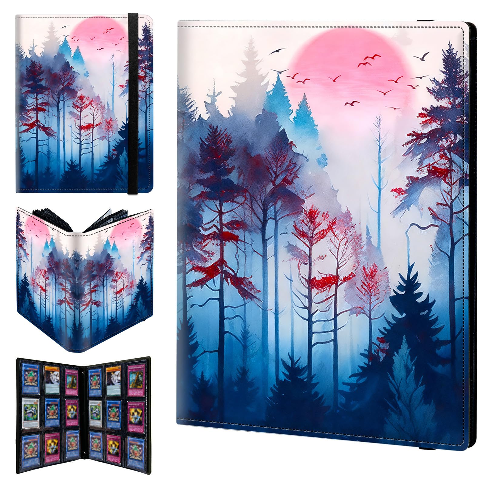 9 Pocket Trading Card Binder 540 Side Loading Pocket Album with Blue Watercolor Forest Tree Pattern Design Card Binder for Sports Cards & Game Cards — image 1