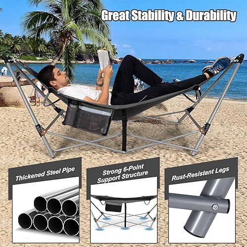 Miniatura 4 de Giantex Hamaca Plegable Portátil, Cama de Descanso para Acampar con Soporte para Hamaca, Hamacas para Interiores y Exteriores con Bolsillo Lateral,