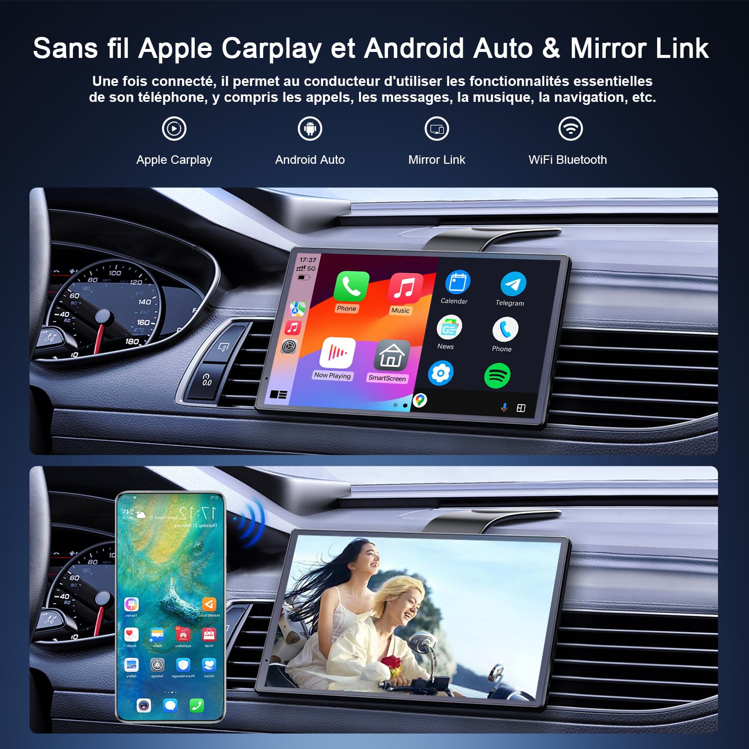 Avylet Écran Portable 8" Apple CarPlay & Android Auto, Tactile 1440x900 | support magnétique,Caméra de Recul 1080p, Bluetooth, Navigation，aGPS, Contrôle Vocal Google/Siri, AUX/FM, Mirror Link, OTA