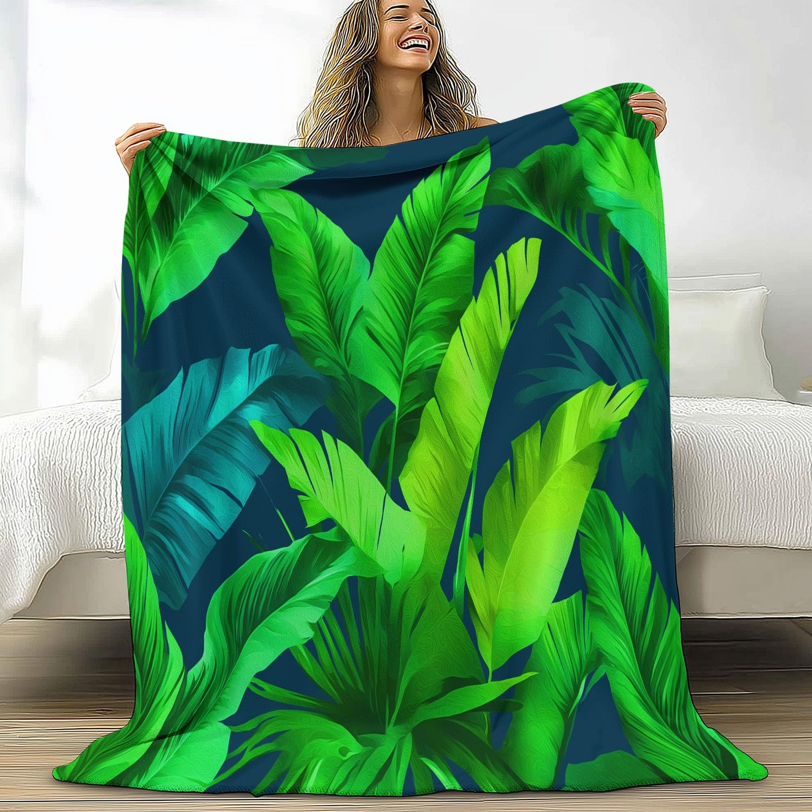 Coperta Plaid Pile in Flanella 180x220 cm Coperta Pile Piccola Foglie Della Giungla Tropicale, Morbida Soffice Calda Coperte per Divano Singolo Matrimoniale Letto Verde