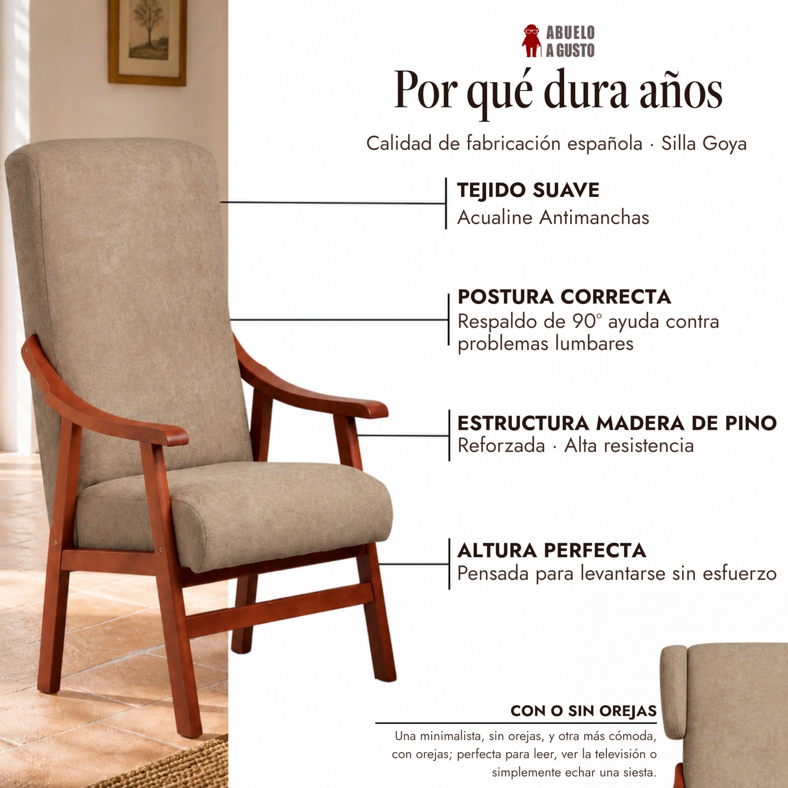 Silla Respaldo Alto Goya Tostado - Silla con Brazos para Personas Mayores - 117x57x70 cm - Sentada Alta - Postura Recta - Tela Antimanchas - Geriátrica, Cómoda y Estable, Uso Diario