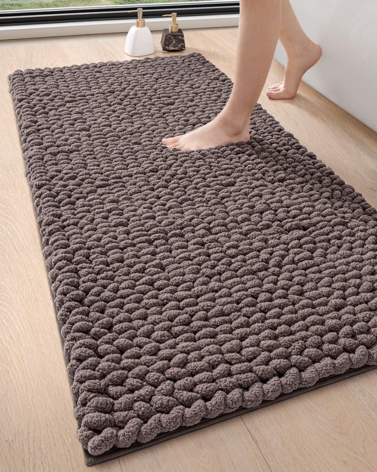 DEXI Bathroom Rugs 24x60, Non Slip Washable Bath Mat, Luxury Chenille Super Absorbent Thick Bathmats for Shower Floor, Plush Fluffy Shaggy Carpet for Tub, Brown 24"x60" (Rectangular) Brown