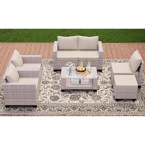 Patio Furniture Set 7 Pieces Conversation Set Wicker Outdoor Sectional Sofa,Ergonomic Armrests Couch with Cushion and 2-Tier Glass Table (White Grey-Grey，7 Pieces-T)