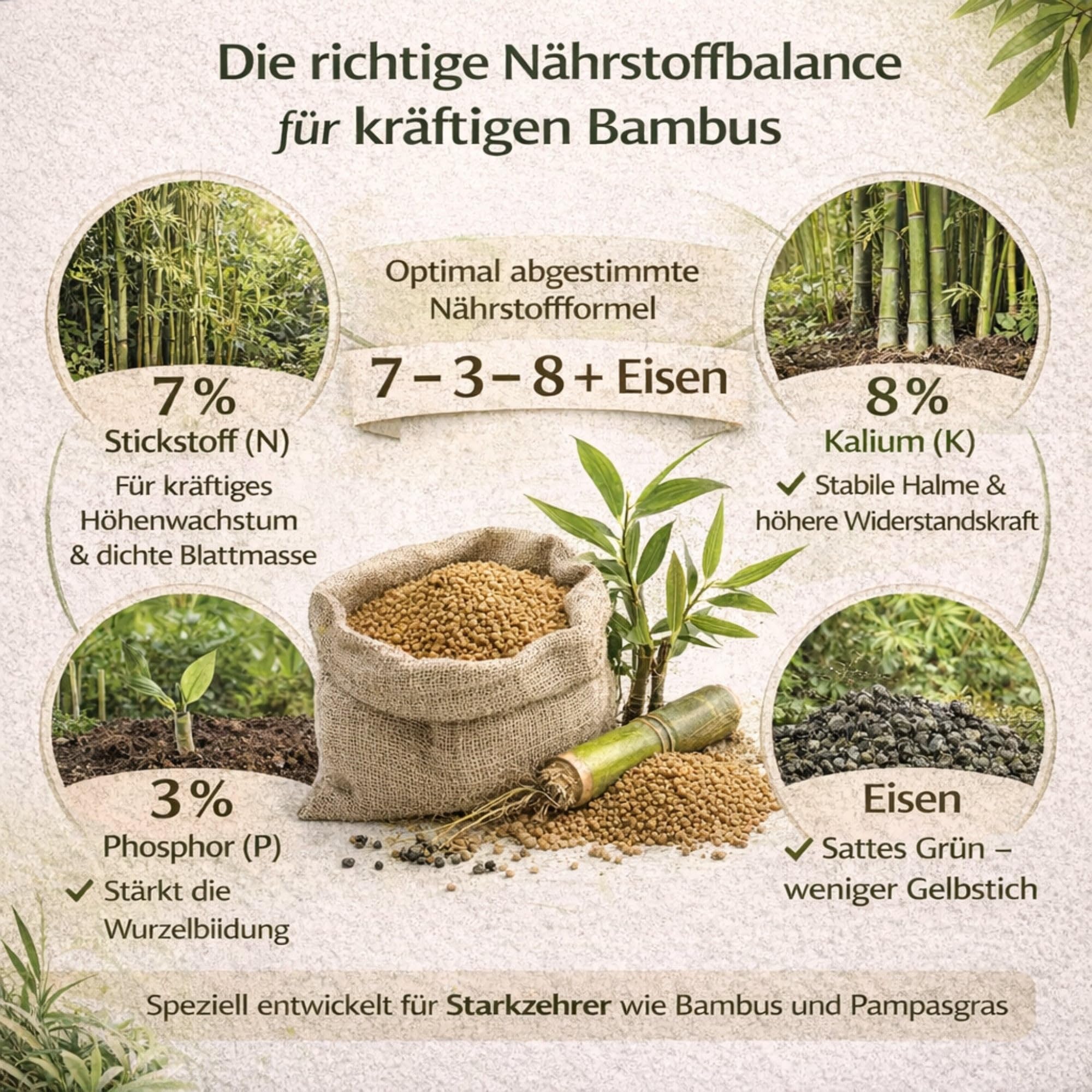 Bambusdünger für sichtbar dichteren Sichtschutz – auch für Ziergräser – 7-3-8 + Eisen, 3 Monate Langzeitwirkung – 20 Kg