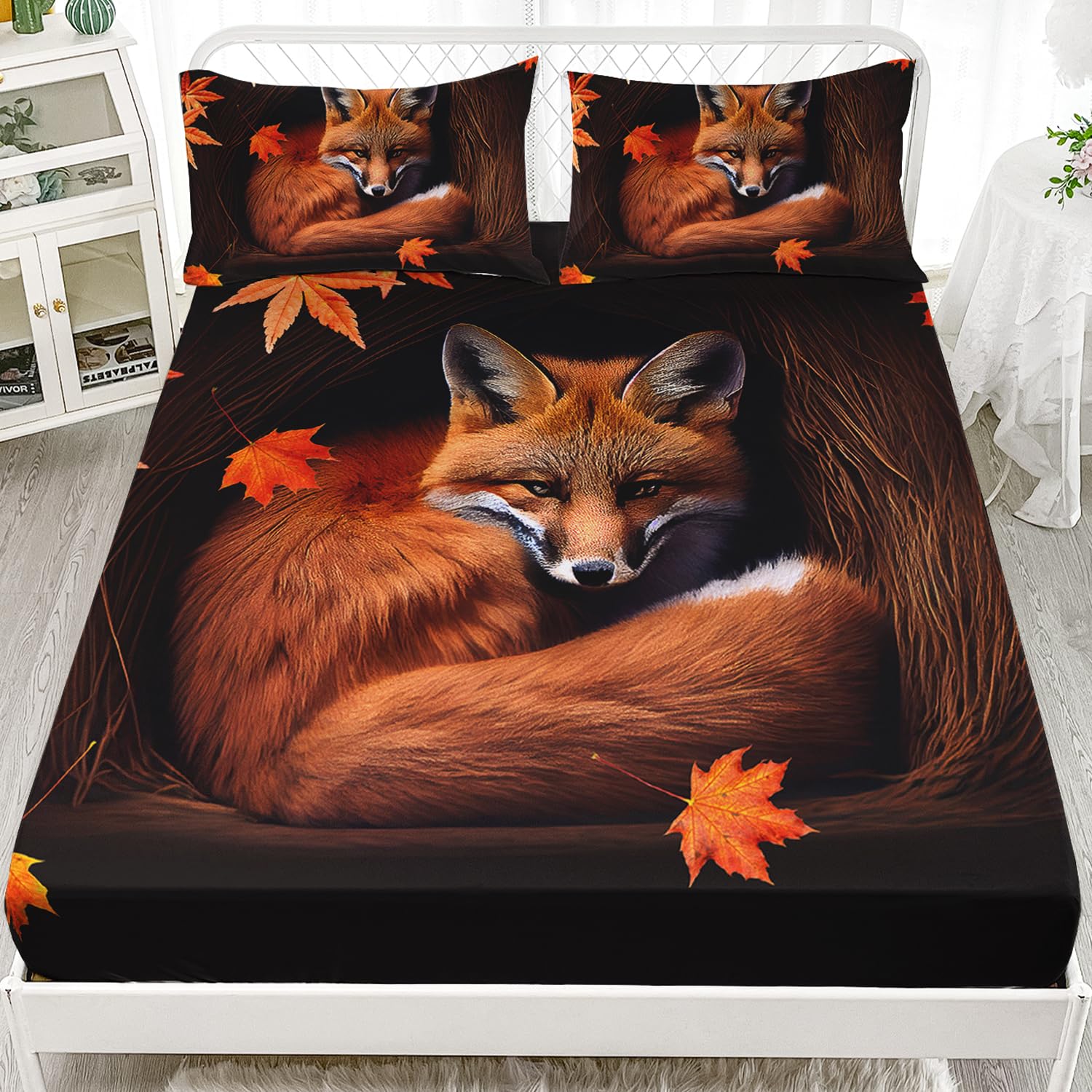AILONEN Fox Fitted Sheet Set Twin Size, Autumn Maple Leaves Orange Animal Bed Sheet Set,Cartoon Fox Sheets Set for Kids Boys Girls,3 Pieces, 1 Fitted Sheet and 2 Pillowcases
