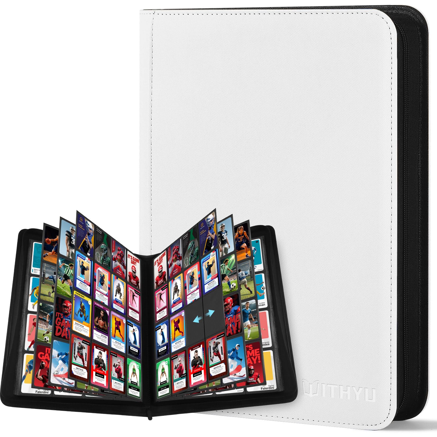 WITHYU Album da Collezione per Carte 16 Tasche, Capacità 1024 Carte - Portacarte Impermeabile Caricamento Laterale con Zip per TCG, Calcio & Collezioni, Portatile (Bianco)