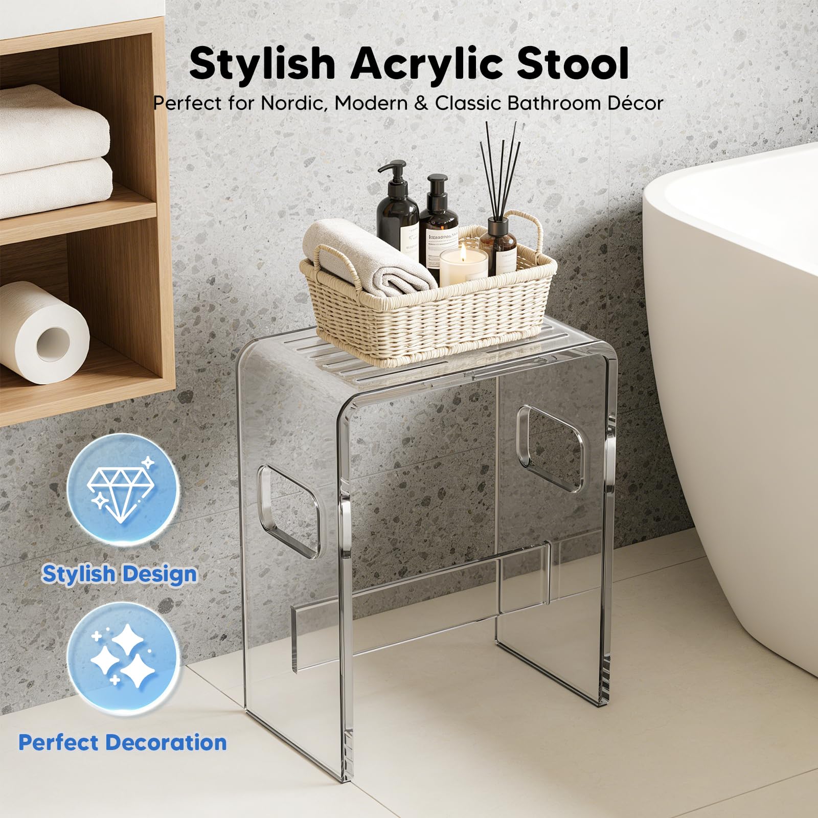 Taburete de Ducha de acrílico Transparente,18 cm de Alto, U con Ranuras de Drenaje,Taburete de baño, Moderno, Transparente, Taburete Transparente para baño y Sauna 35 * 22 * 43cm