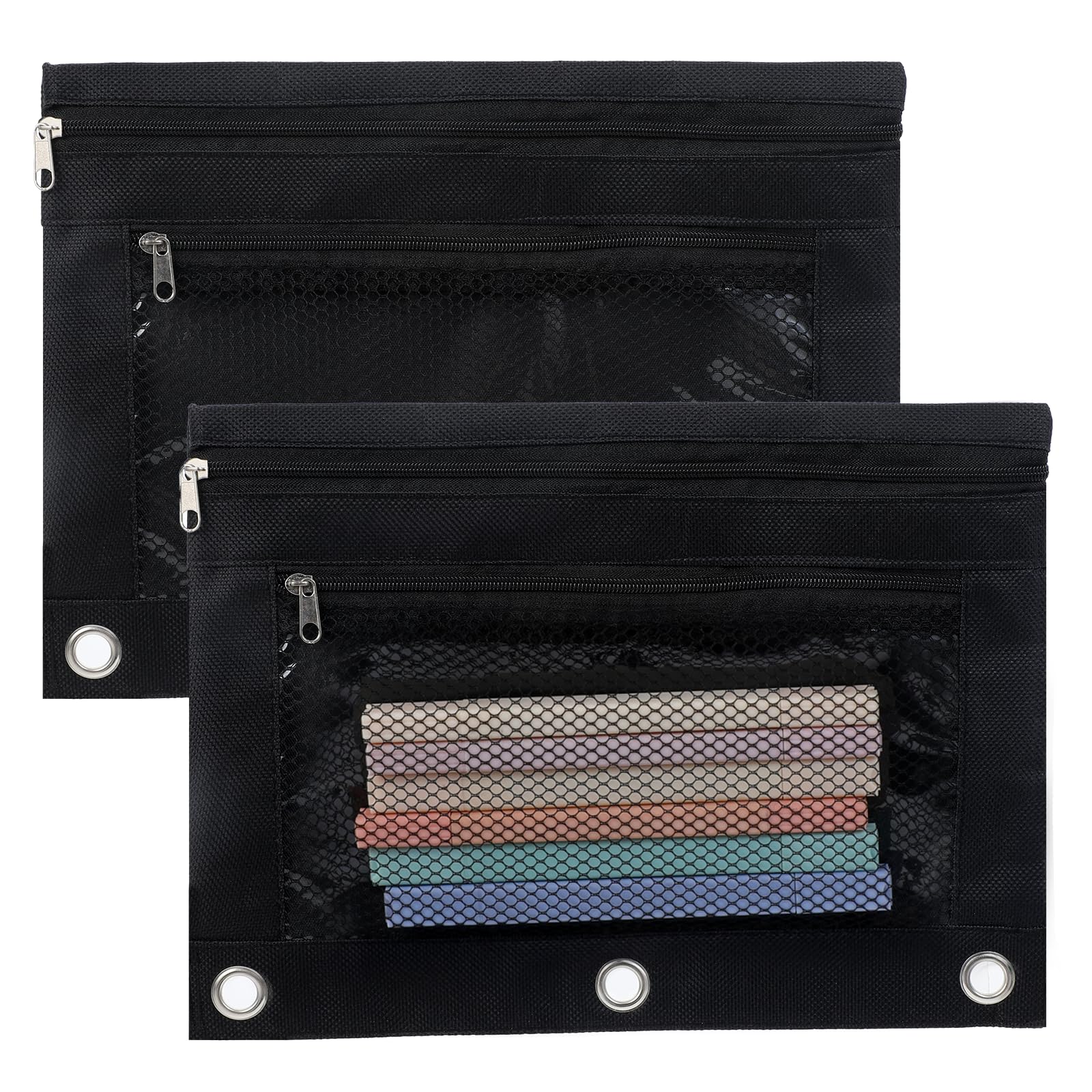 Psyqtsuary2 PCS Pencil Pouch 3 Ring, 2 Pack 3 Ring Binder Pencil Pouches Double Zipper Pencil Case Cosmetic Bag, Zipper Pencil Pouches Pencil Cases for Binder Case Binder Cosmetic Bag, Black