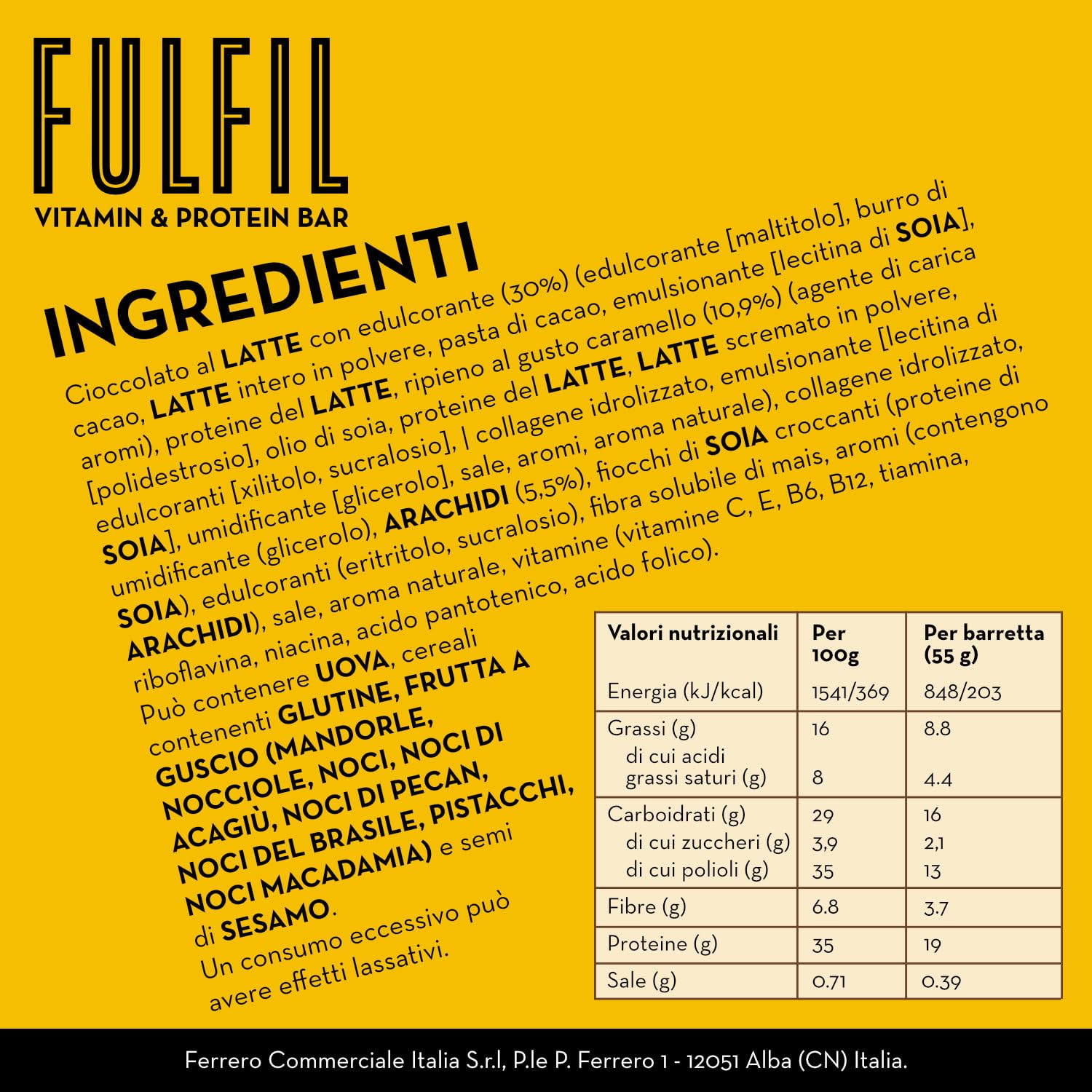 FULFIL - 15 Barrette Proteiche da 55 Grammi, Gusto Cioccolato Caramello e Arachidi con 9 Vitamine e Pochi Zuccheri, Confezione da 825 Grammi