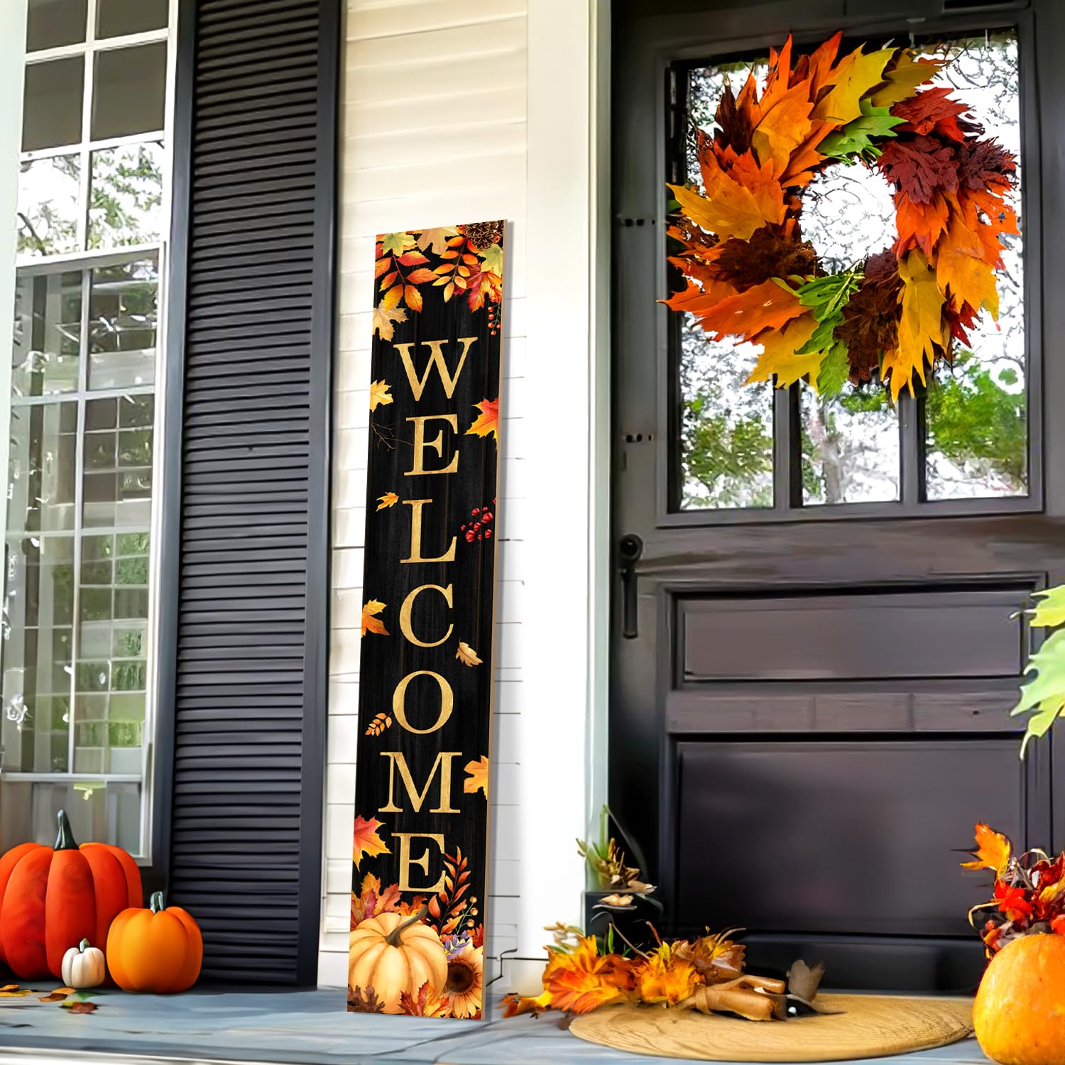 Cartello per portico di benvenuto autunnale, cartelli in acero per portico anteriore, zucca dorata, cartello verticale in legno in piedi per patio porta d'ingresso, portici autunnali, vacanze, casa