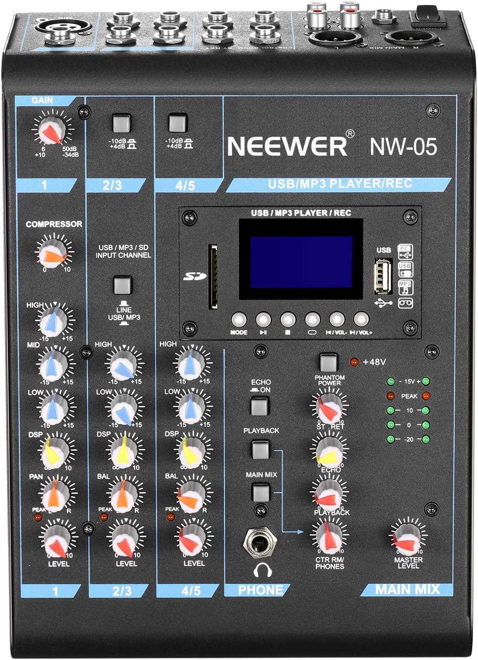 Neewer Stereo Mixer 5 Channel Compact Mini Mixing Console Echo DSP LCD Display Screen Built-in SD card/USB/Bluetooth/48V Phantom Power Functions for Sound Recording Music Editing (NW-05)
