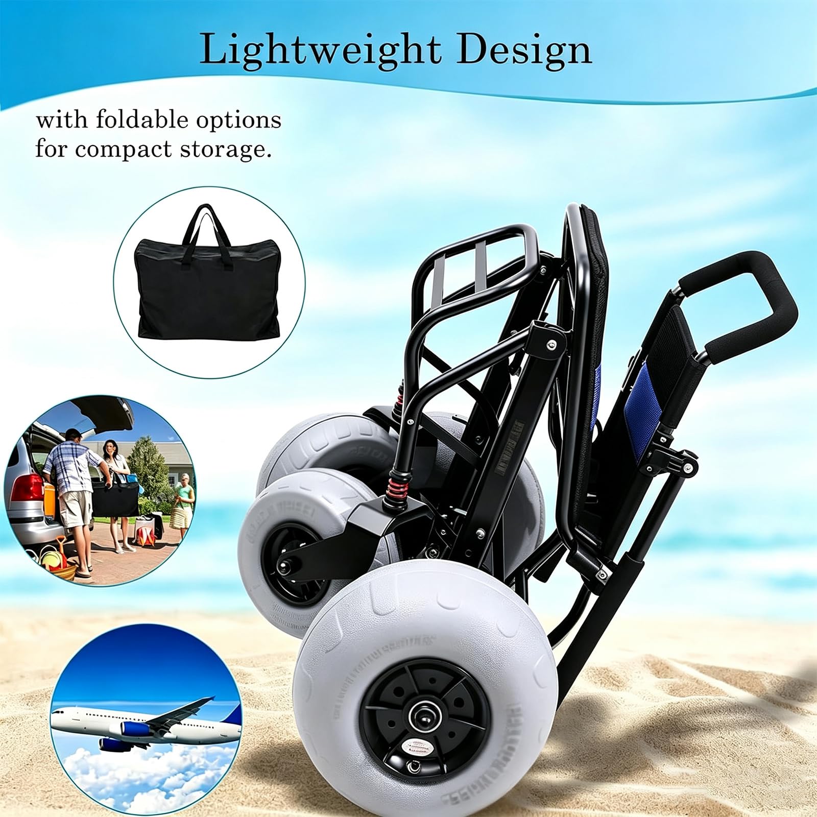 Lekki wózek inwalidzki plażowy, 100 kg, wózek inwalidzki plażowy, z oponami balonowymi 30 cm i 23 cm, składany, szybkie zamykanie, na miękki piasek, plażę, w podróż i do transportu dla seniorów