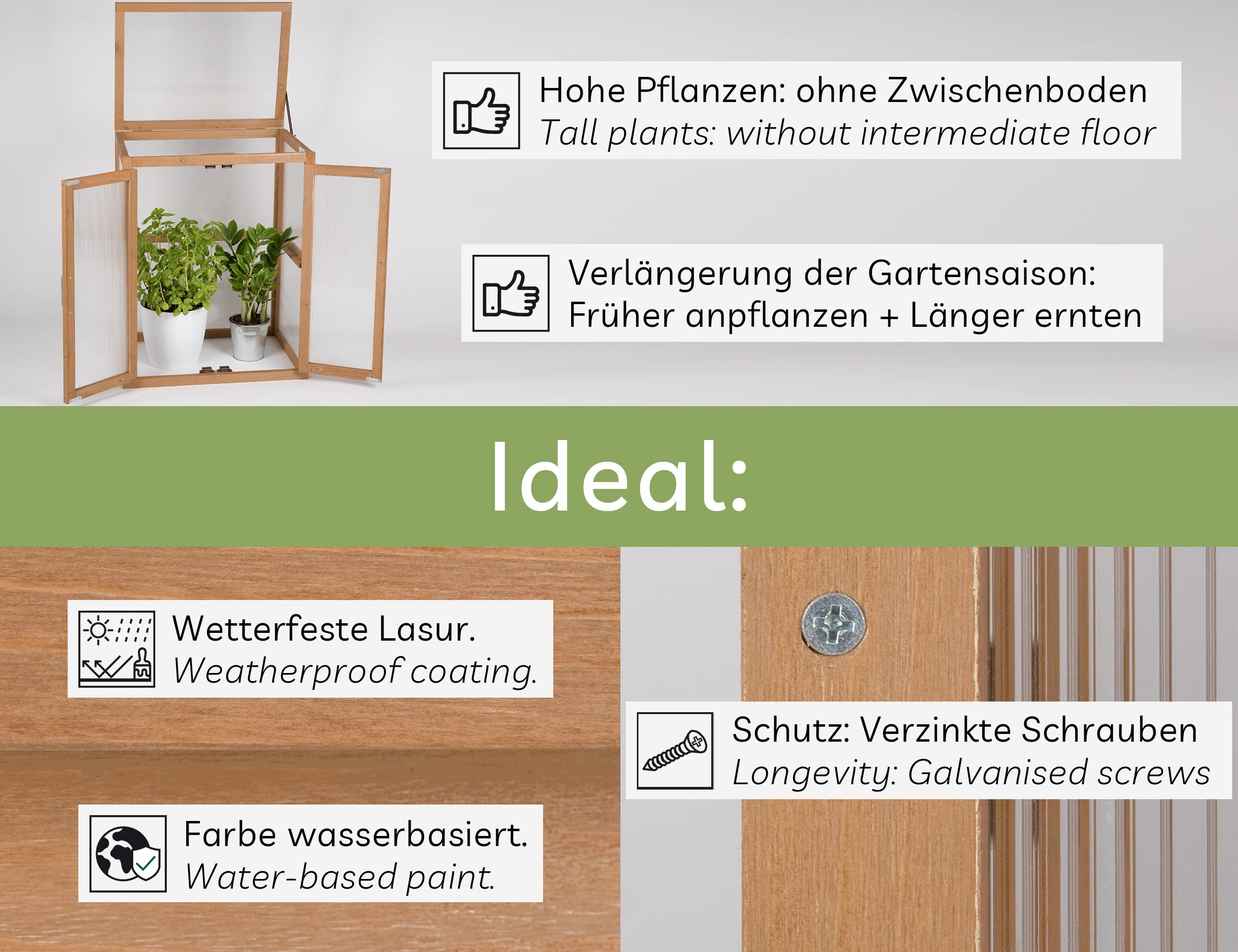 needs&wants® Mini Gewächshaus Treibhaus klein Winterfest aus Holz für Balkon Garten Indoor, Frühbeet Hochbeet Pflanzschrank Anzuchthaus, auch für Schildkröten, Polycarbonat
