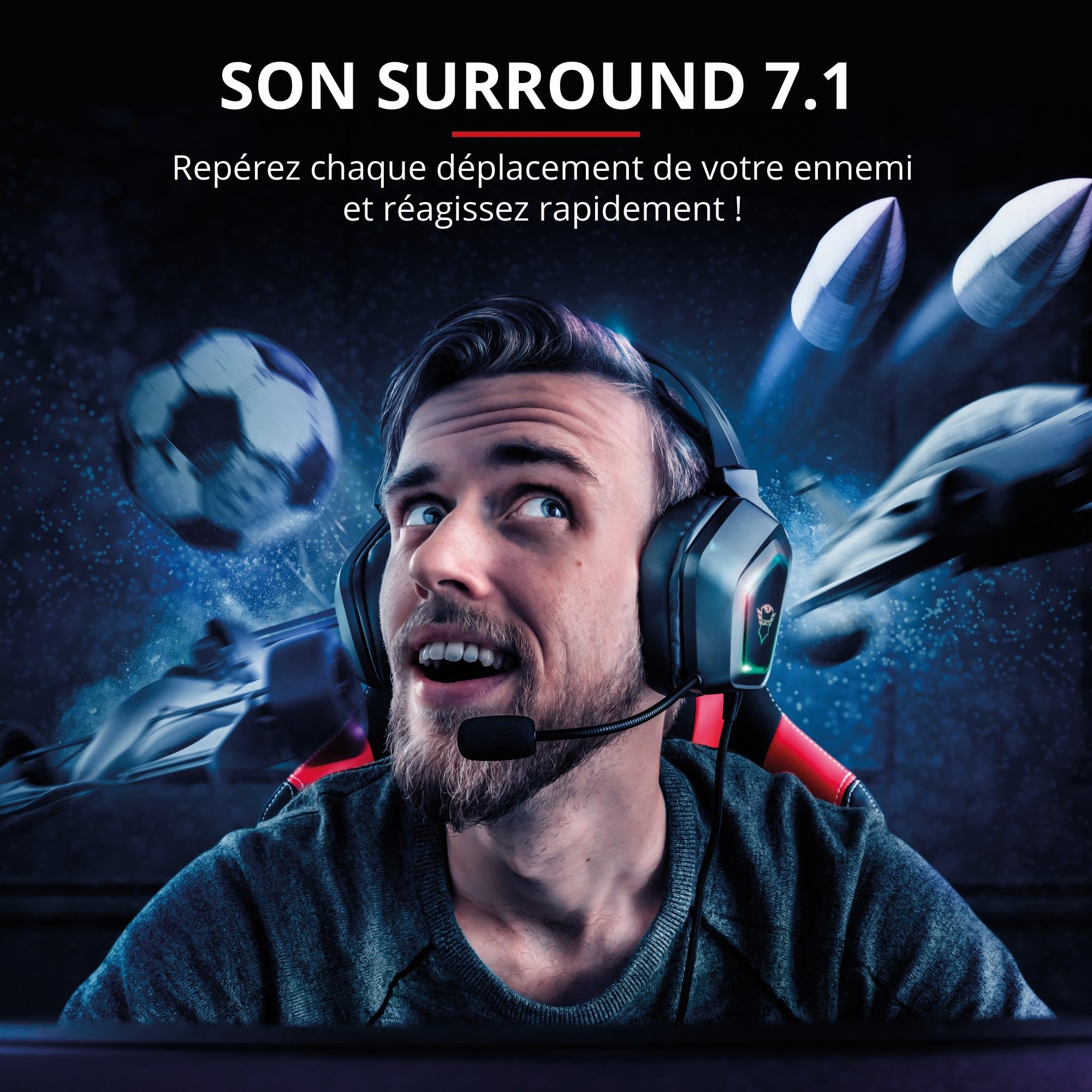 Trust Gaming GXT 450 Blizz Casque Gamer PC Son Surround 7.1, Éclairage RGB, Casque Gaming USB avec Micro Flexible, Réglage du Volume, Filtre Anti-Pop, Casque de Jeu pour Ordinateur, Portable - Noir