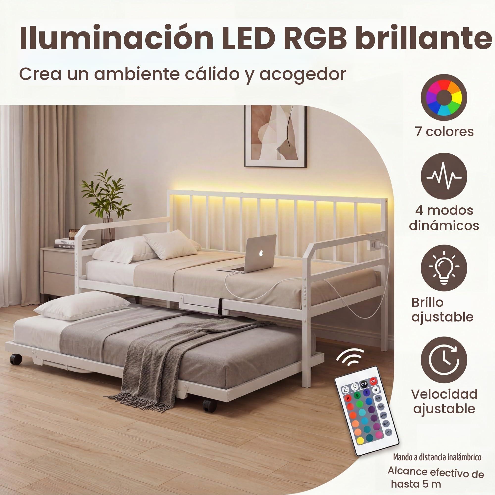 KOMFOTTEU Estructura de Sofá Cama Extensible de 2 Plazas 90 x 200 cm, Cama Nido de Metal con Luces LED, Estación de Carga, Listones Resistentes, para Salón, Dormitorio, Apartamento (Blanco)