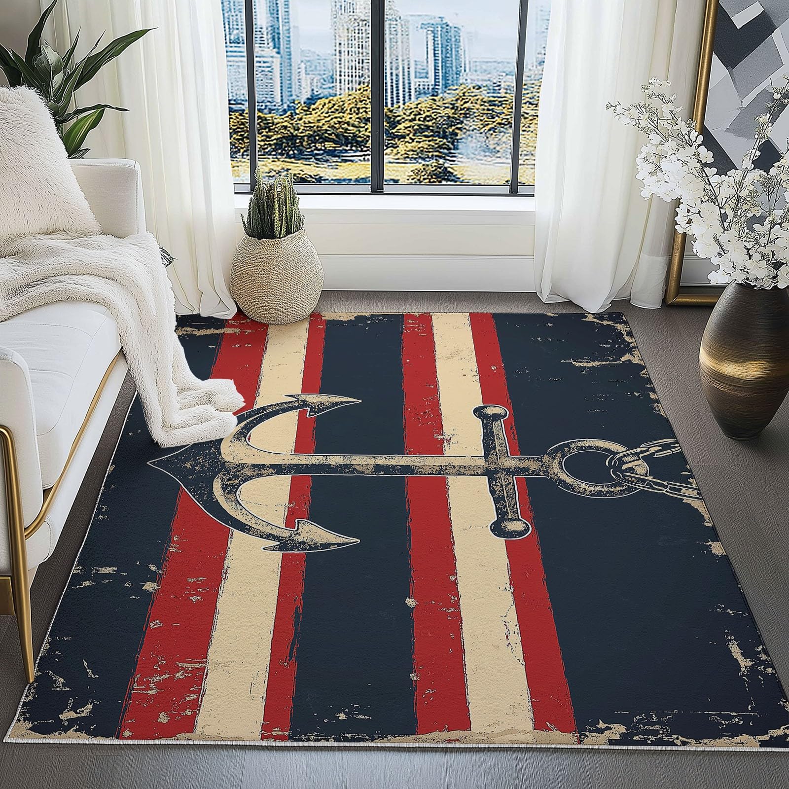 Tappeto Strisce Ganci Effetto Consumato Vintage Stampa Tappeto Lavabile, Moquette Antiscivolo Morbido 160 x 230 cm Scendiletto Camera da Letto Tappeti Lavabili per Salotto Cameretta Bambino, Rosso Blu