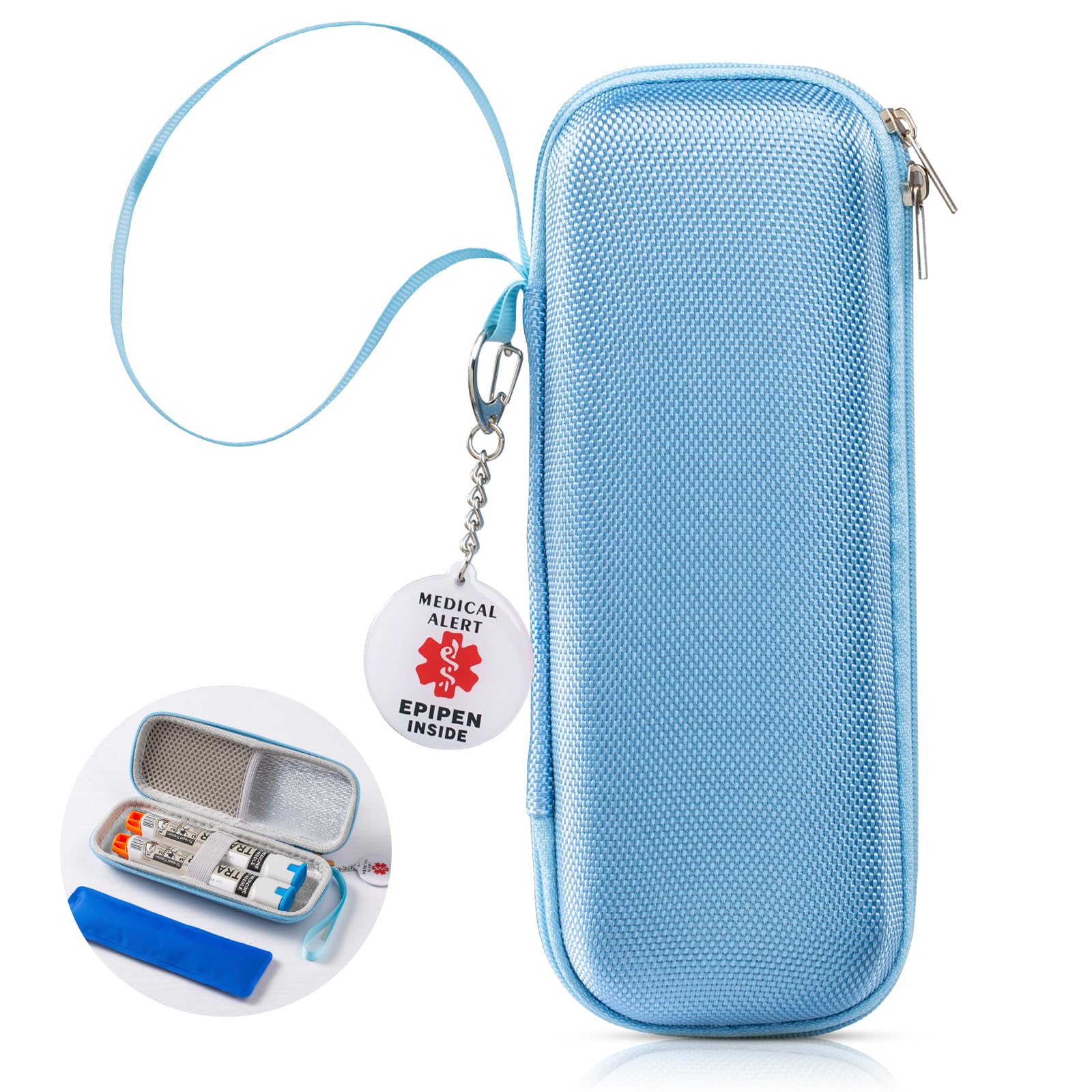 EpiPen Medical Carrying Case, Travel Medication Organizer Bag, Fits 2 EpiPens, Asthma Inhaler, Allergy Medicine, With Ice Packs,Contains Programmable NFC Medical Warning Tags (Blue)