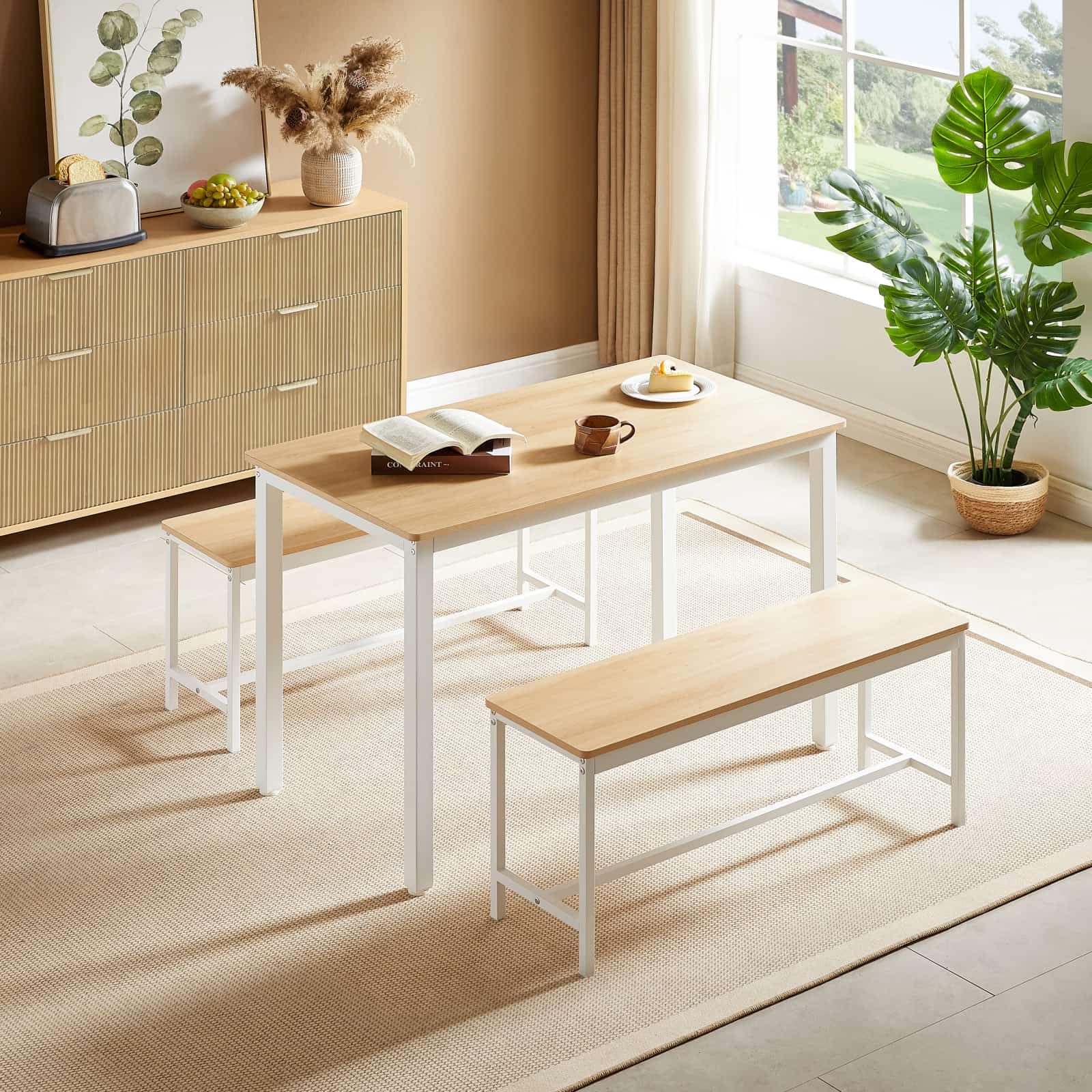 Table à Manger Moderne avec 2 Banc,Ensemble Table et Chaises 4 Personnes,Style Industriel,110x60x75cm,pour Salle à Manger Salon et Balcon (Blanc-E)