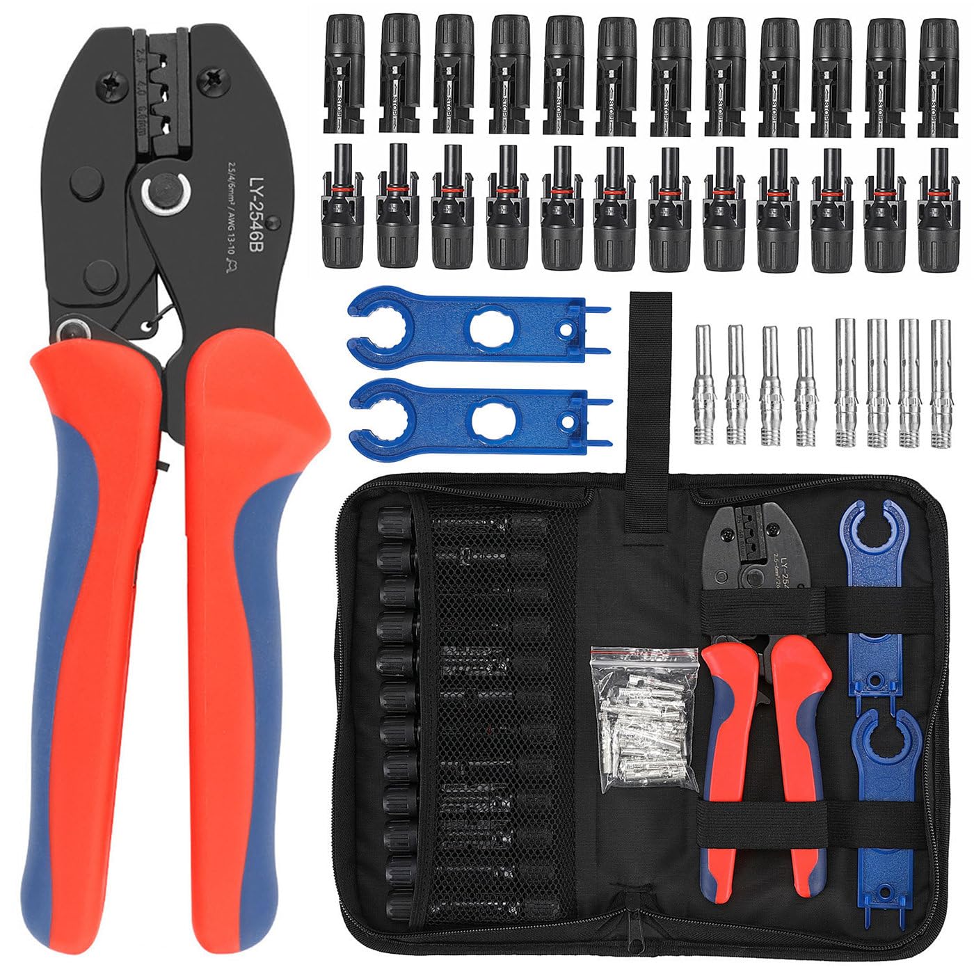 Daslleysen Solar Panels Connectors Kit, Solar Crimper Tool Kit 15PCS Set - 1 Crimper, 12 Pairs Solar Connectors, 2 Pairs Spanner Wrench for Solar Panel Cable Assembly and Installation