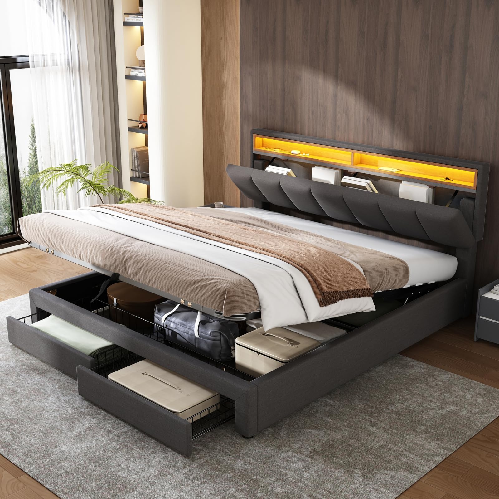 Letto con stoccaggio idraulico 160x200,Letto matrimoniale rivestito con LED,Letti imbottiti con 2 cassetti, letto funzionale giovanile,letti matrimoniali (grigio+lino-A)