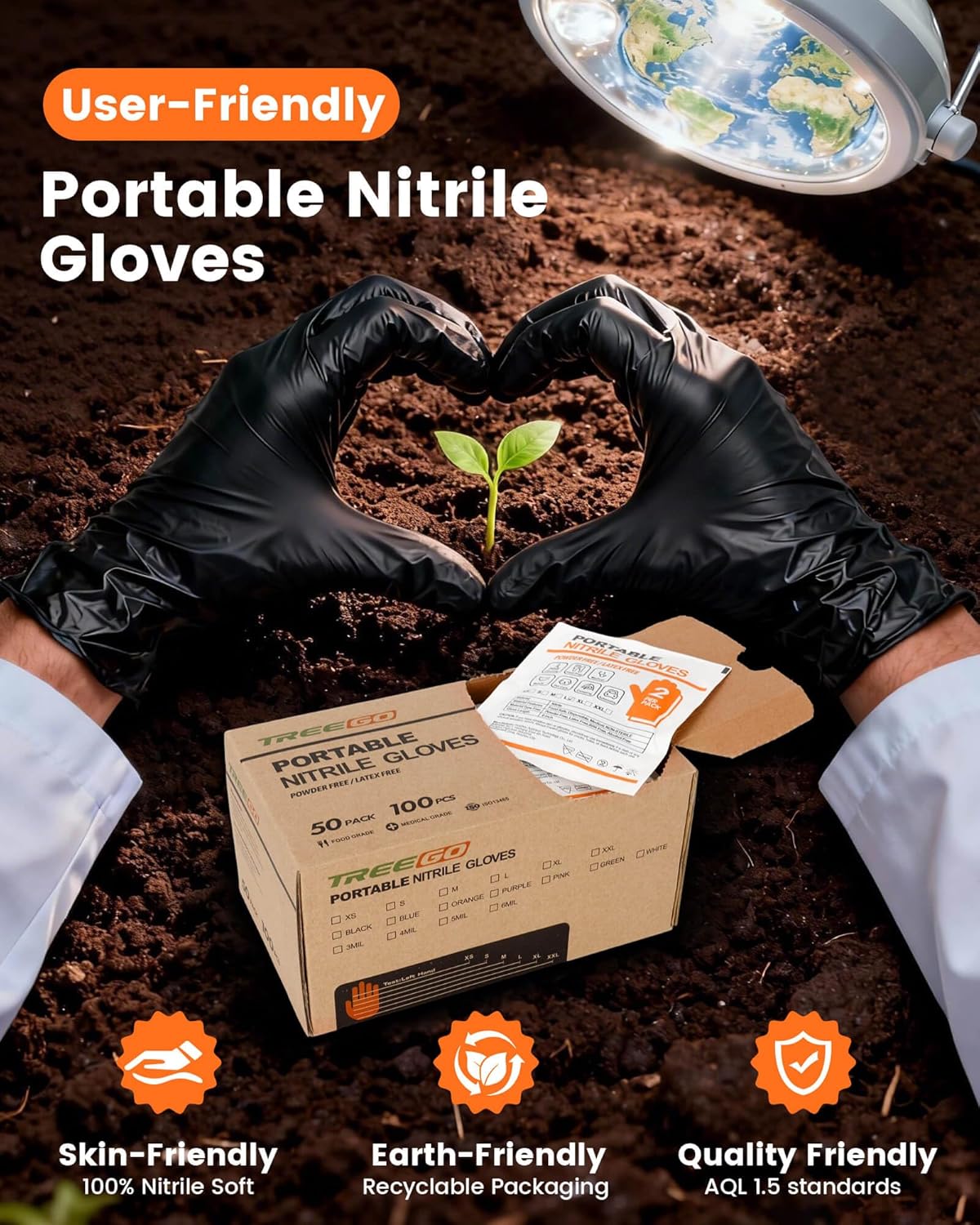 TREEGO Portable 5mil Black Nitrile Gloves Large, Individually Packed 50 Pairs (100 Count), Latex-Free Powder-Free Disposable Gloves for Food Service, Janitorial & Medical Use