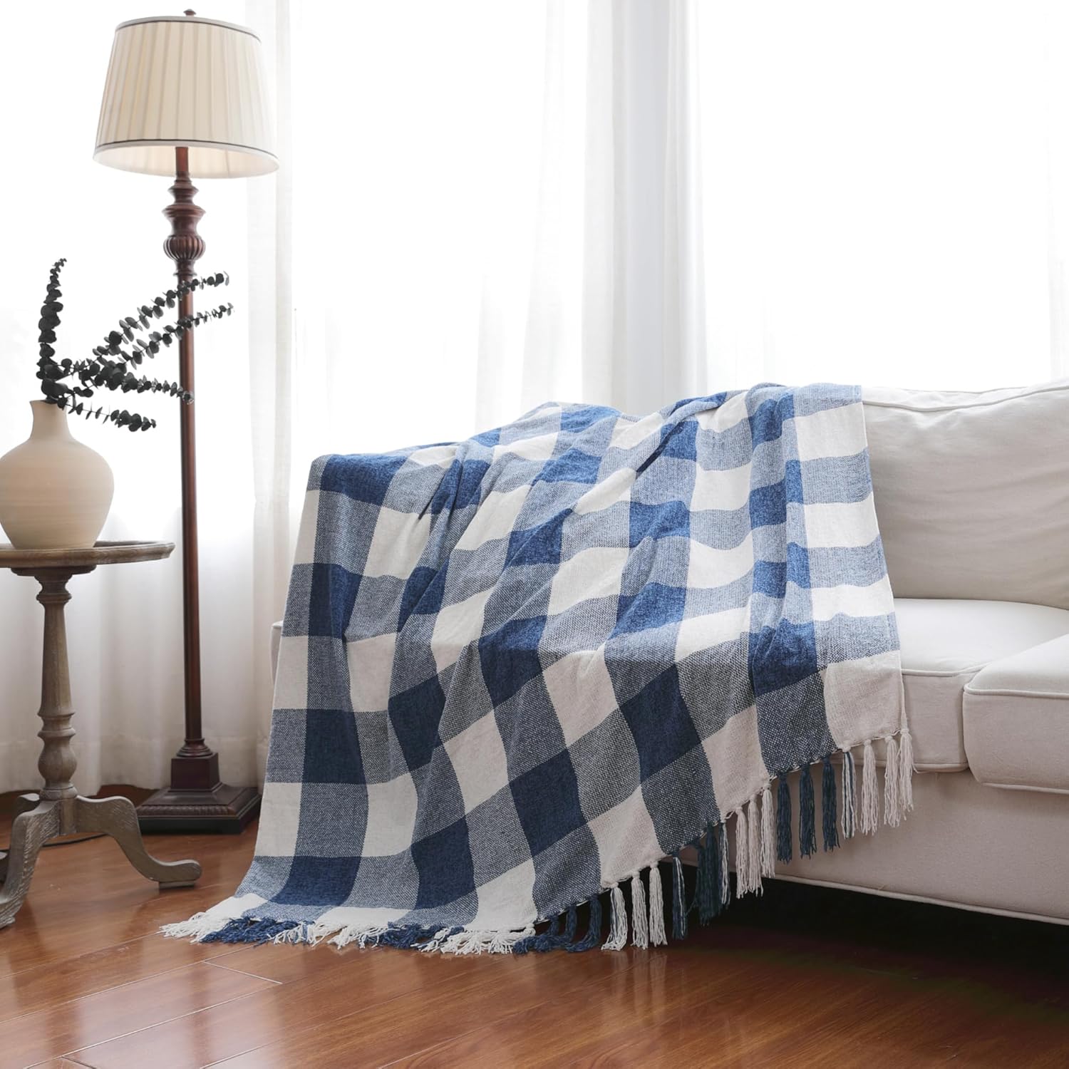 IKATYARN Blue and White Checkered Woven Throw Blanket with Fringed Edges
