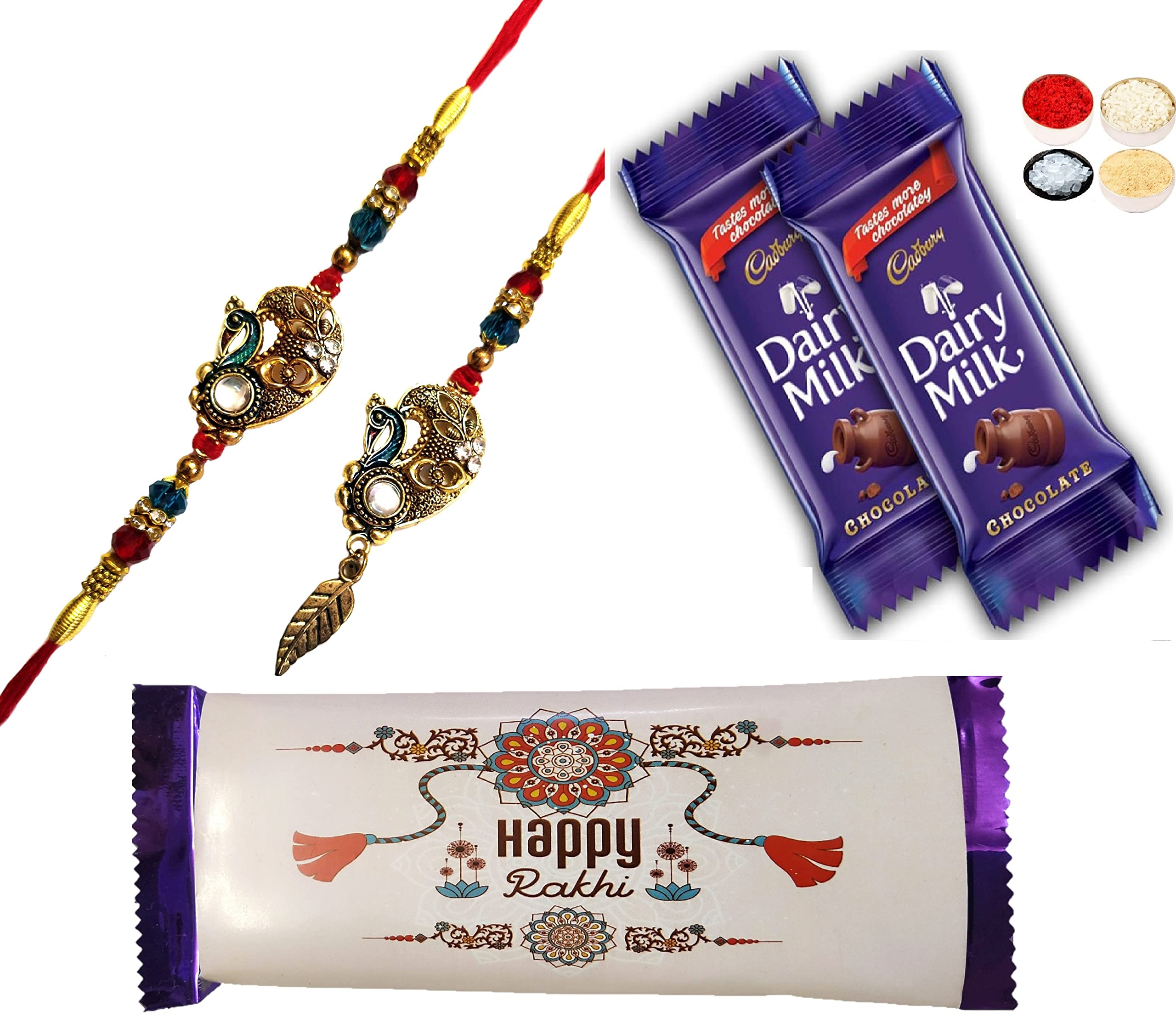 Premium Designer Peacock Lumba Rakhi for Bhaiya Bhabhi with 2 Rakhi Theme Wrapped Dairy Milk Chocolates & Caramel, Tikka & Roli Chandan Chawal Mishri Pack-image-16