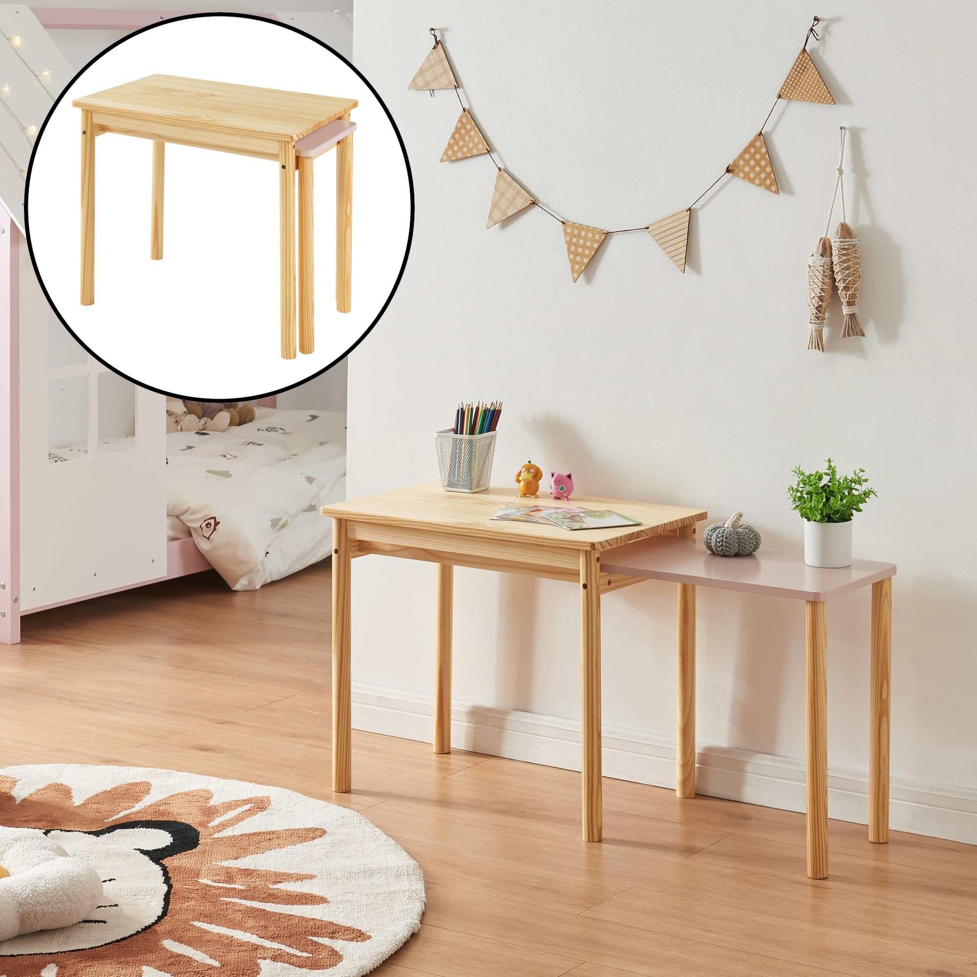 [en.casa] Tavolo per Bambini con Piano Estraibile Scrivania con Piano Aggiuntivo e Gambe di Supporto Tavolo per Cameretta Arredo a Misura di Bimbi - Legno Naturale/Rosa