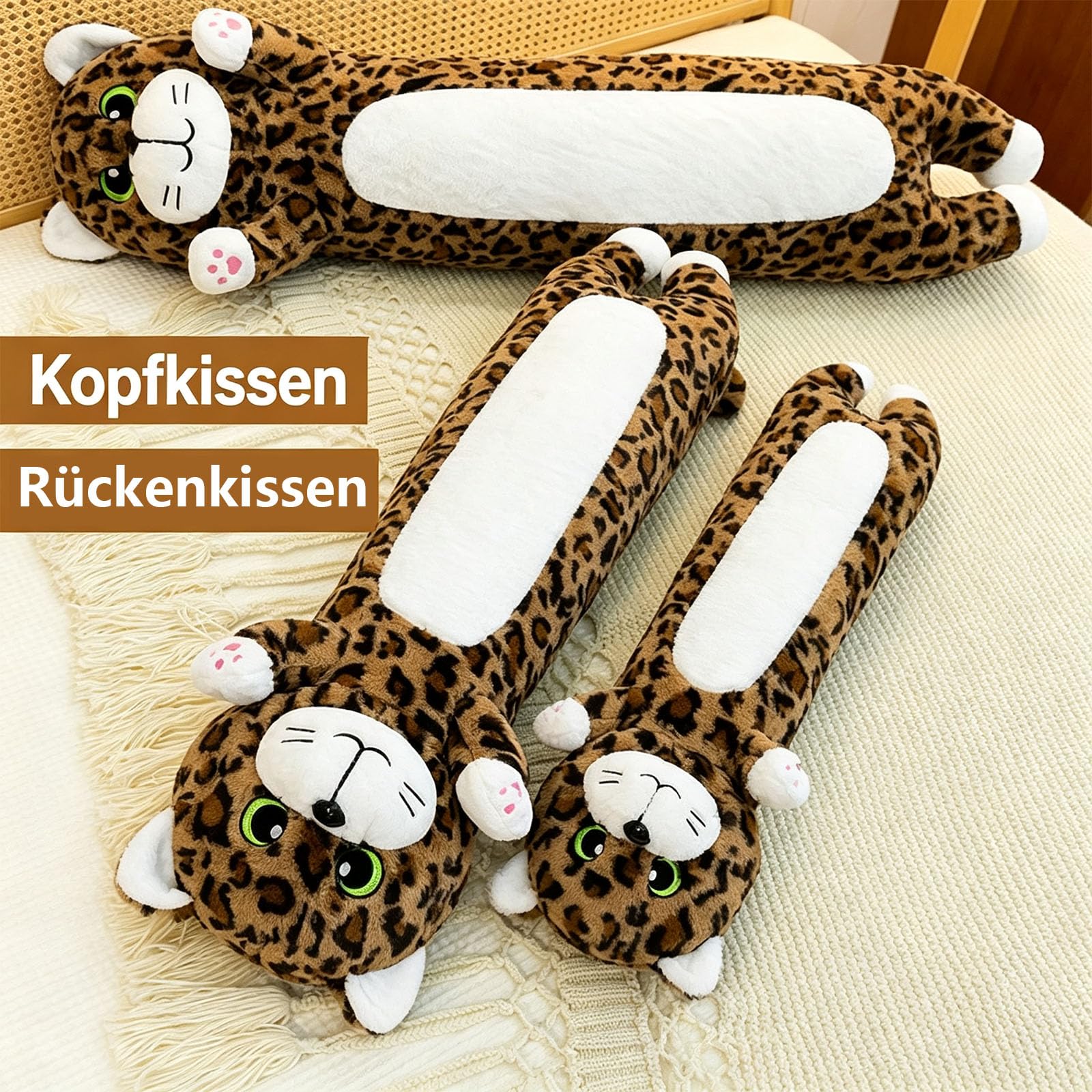 AMOSIJOY Lange Katze Kuscheltier, Leopardenmuster Katze Plüschkissen, Katze Plüschtier Ausgestopftes Tier Spielzeug Kuschelkissen als Schlafbegleiter, Geschenk Für Kinder Freundin (110cm)