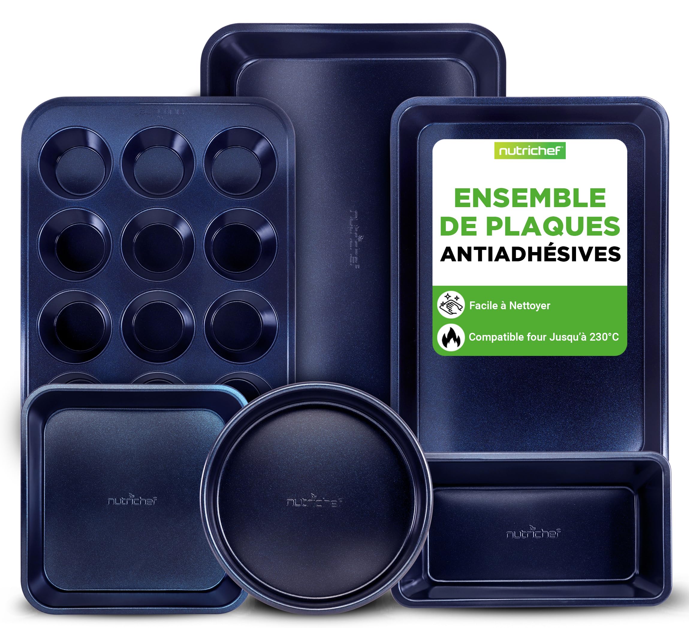 NutriChef set de moules à pâtisserie 6 pièces antiadhésifs – Plaques de cuisson en acier allié avec revêtement diamant, compatibles four jusqu’à 230 °C, couleur bleu diamant