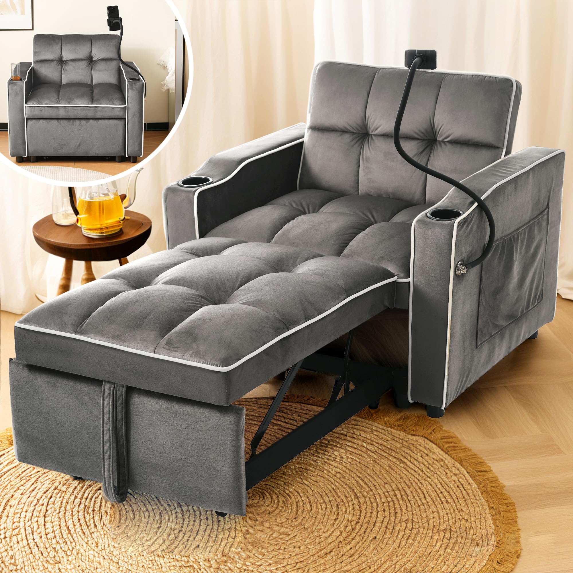 BTM 3-in-1 Expandable Single Sofa Bed โ With Drink Holders and Phone Holder, Sofa Recliner, Sleeper Chair, Armchair, Perfect for Small Spaces, 83 * 167 * 76 cm
