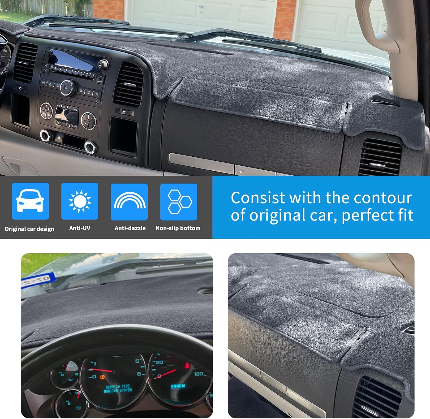 Dashboard Cover for GMC Sierra and Chevrolet Silverado- Fits 2007-2013 Models with Two Glove Boxes. Custom Fit Dash Mat, Won't Break Dash Sensors(Premium Carpet, Gray)