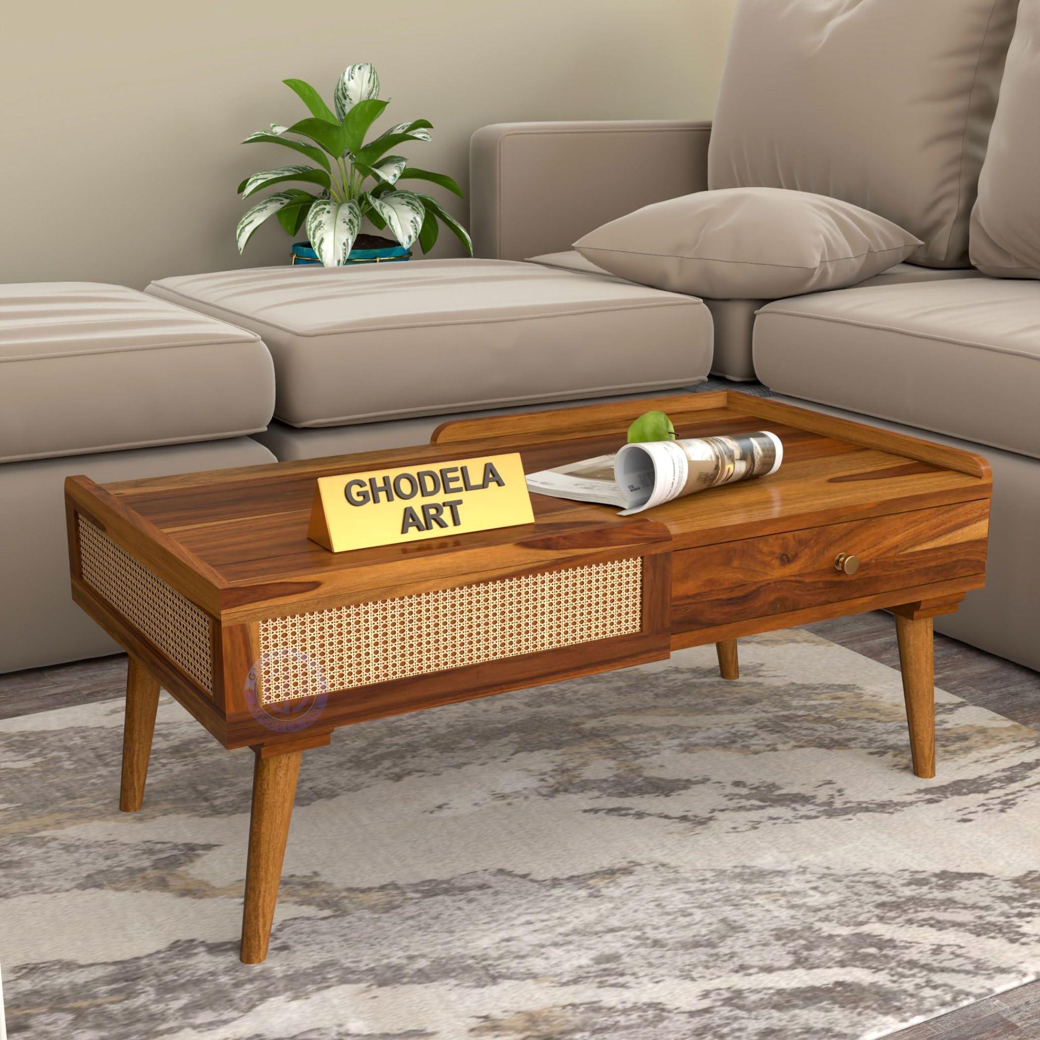 GHODELA ART Sheesham Wood Jali Coffee Table for Living Room Home | Wooden Center Teapoy Table with 2 Drawers Storage for Office and Hotels (Natural Finish)-image-13