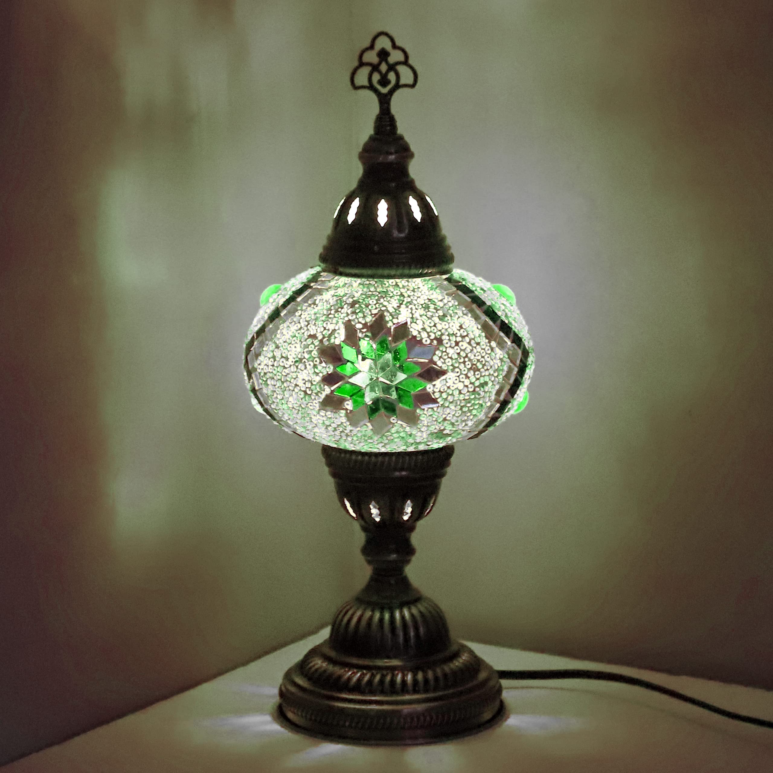 ENVA Turkish Moroccan Tiffany Style Handmade Mosaic Table Desk Bedside Night Lamp Light Lampshade with LED Bulb Large Globe