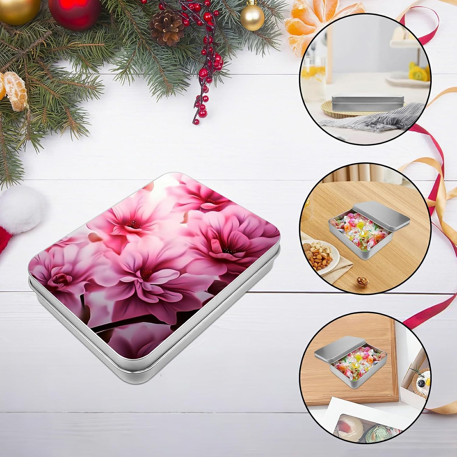 Small Metal Tin Box Storage Container,Pink Flowers image 5