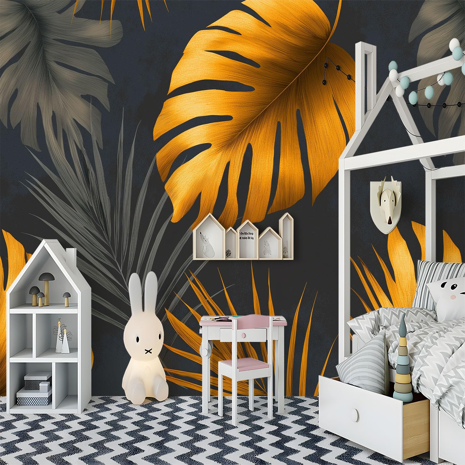 Tapeta panoramiczna, plakat 350 x 256 cm (szer. x wys.), tapeta z włókniny, dekoracja ścienna, minimalistyczny, botaniczny, złota monstera – dla dziewcząt, chłopców, do sypialni i salonu (ciemnoszara)
