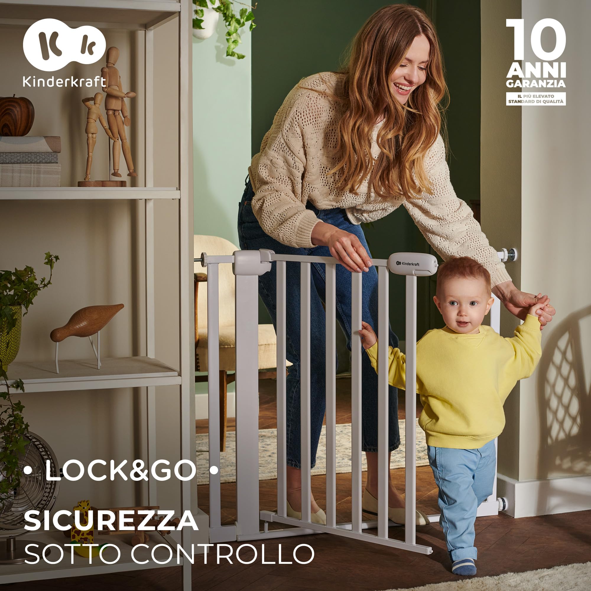 Kinderkraft LOCK&GO Cancelletto di sicurezza da 75-103 cm, Chiude automaticamente di 90 gradi, Doppio dispositivo di sicurezza, Previene di inciampare, Bianco